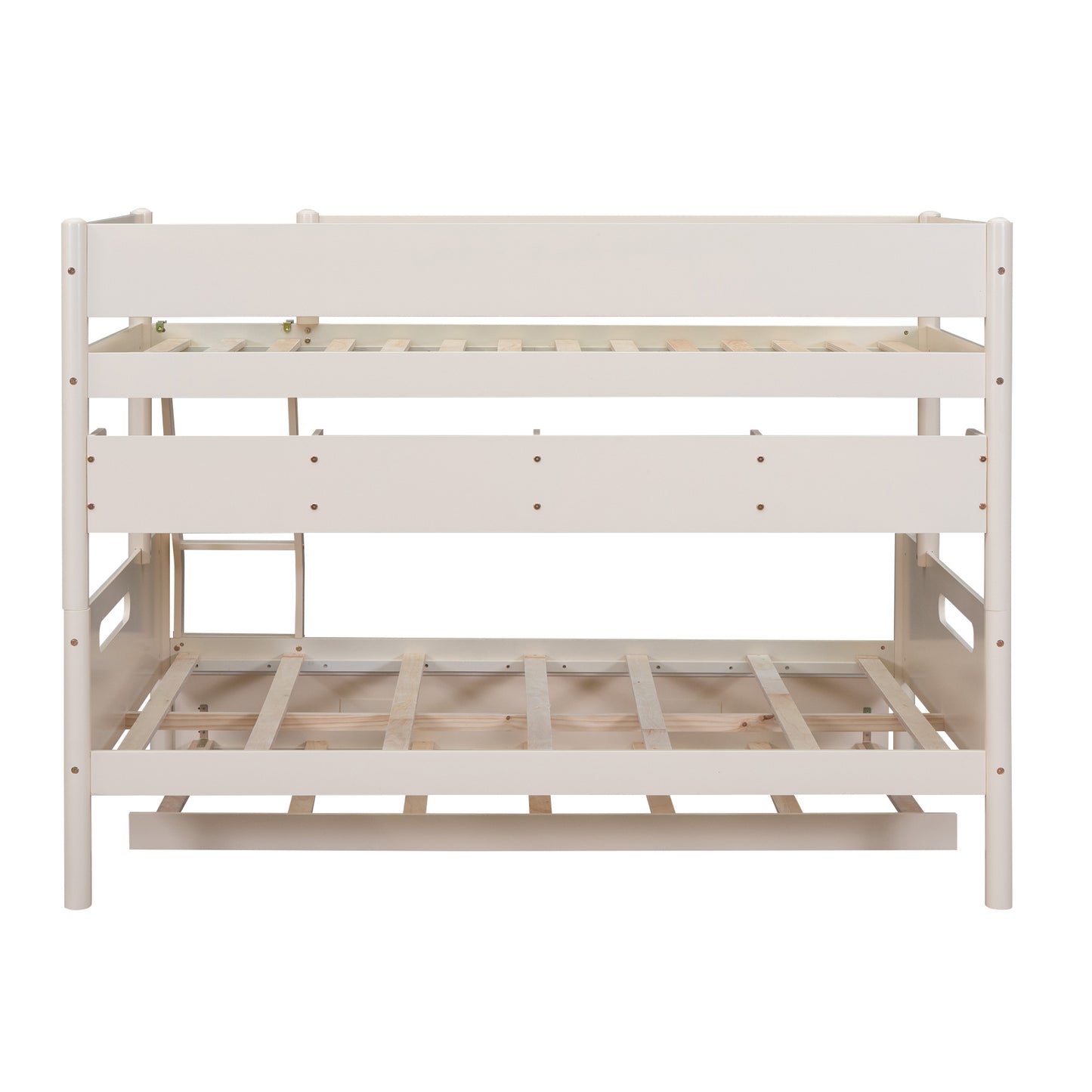 Cream Bunk Bed with Storage Shelves, Twin Trundle, and Solid Pine Construction