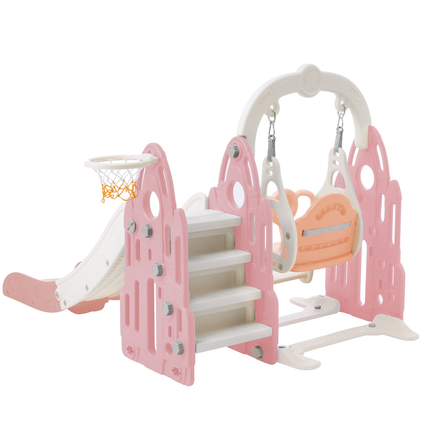 Rocket Theme 4 in 1 Toddler Slide and Swing Set with Basketball Hoop