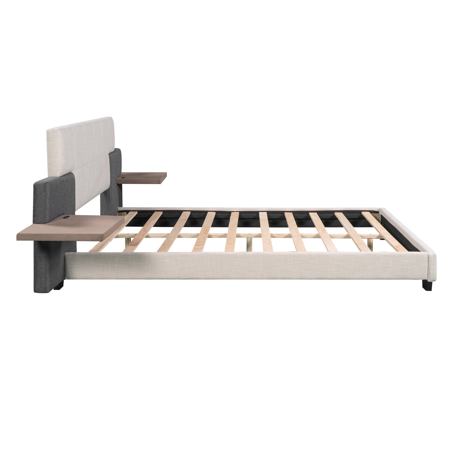 Queen Size Upholstered Platform Bed with Bedside Shelves and USB Charging Design, Beige+Gray