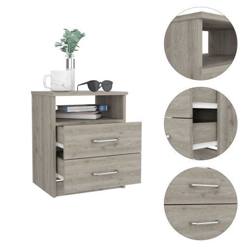 Napoles Nightstand, Superior Top, Two Drawers, One Shelf -Light Gray