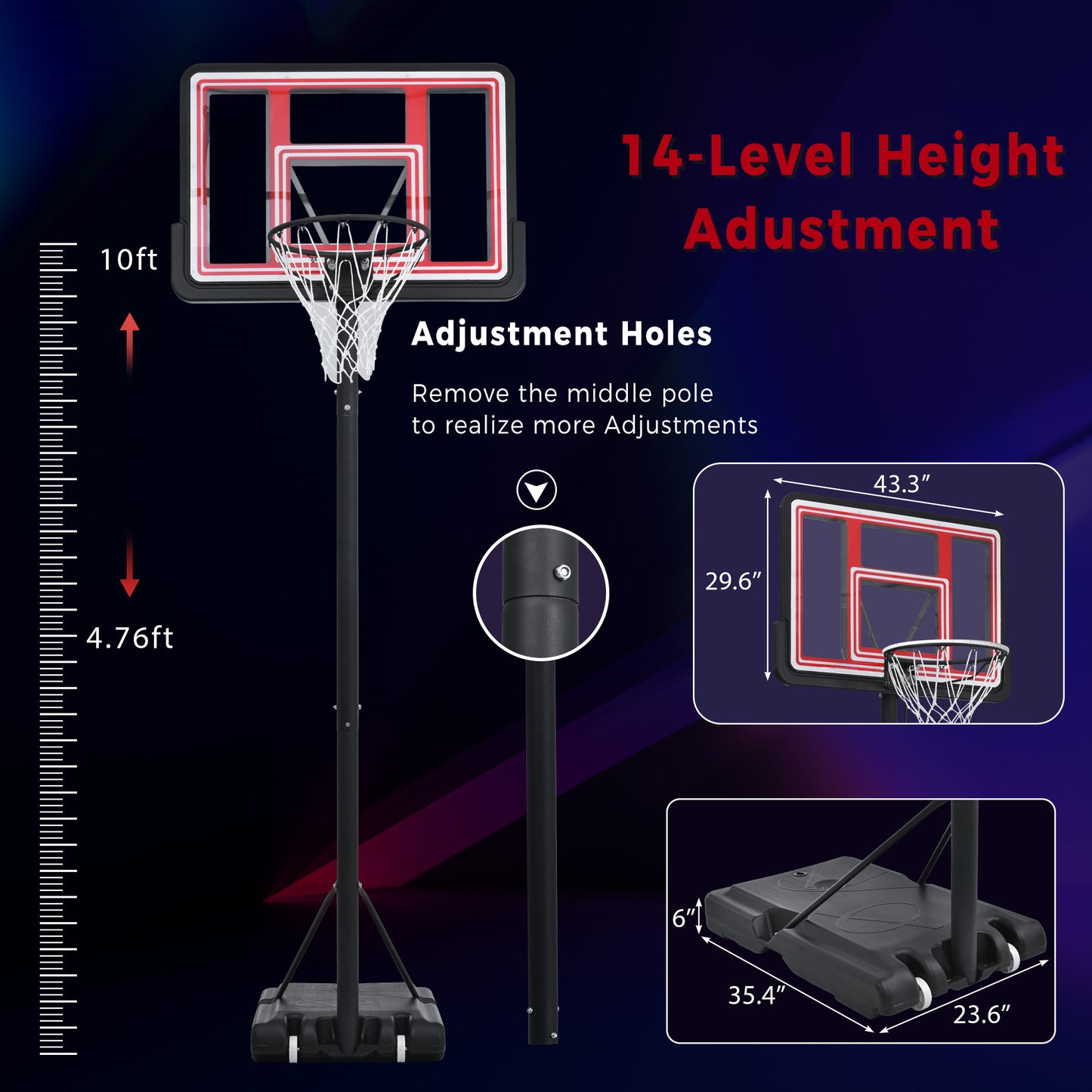 Portable Basketball Hoop Basketball System 4.76-10ft Height Adjustable for Youth Adults LED ights, Colorful lights, Waterproof Super Bright to Play at Night Outdoors,Good Gift for Kid