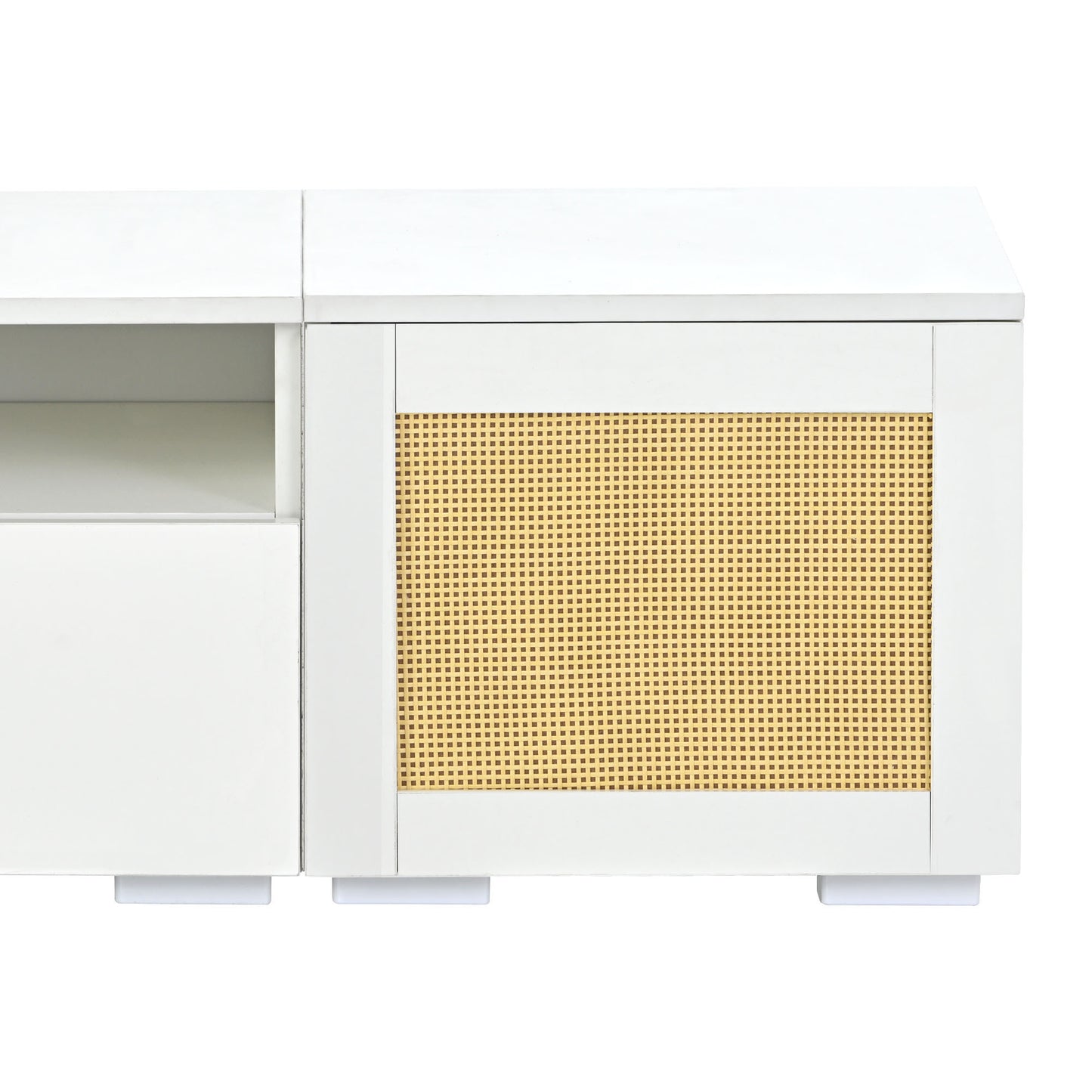 Modern White LED Entertainment Center with Rattan Style Accents and Color Changing Lights