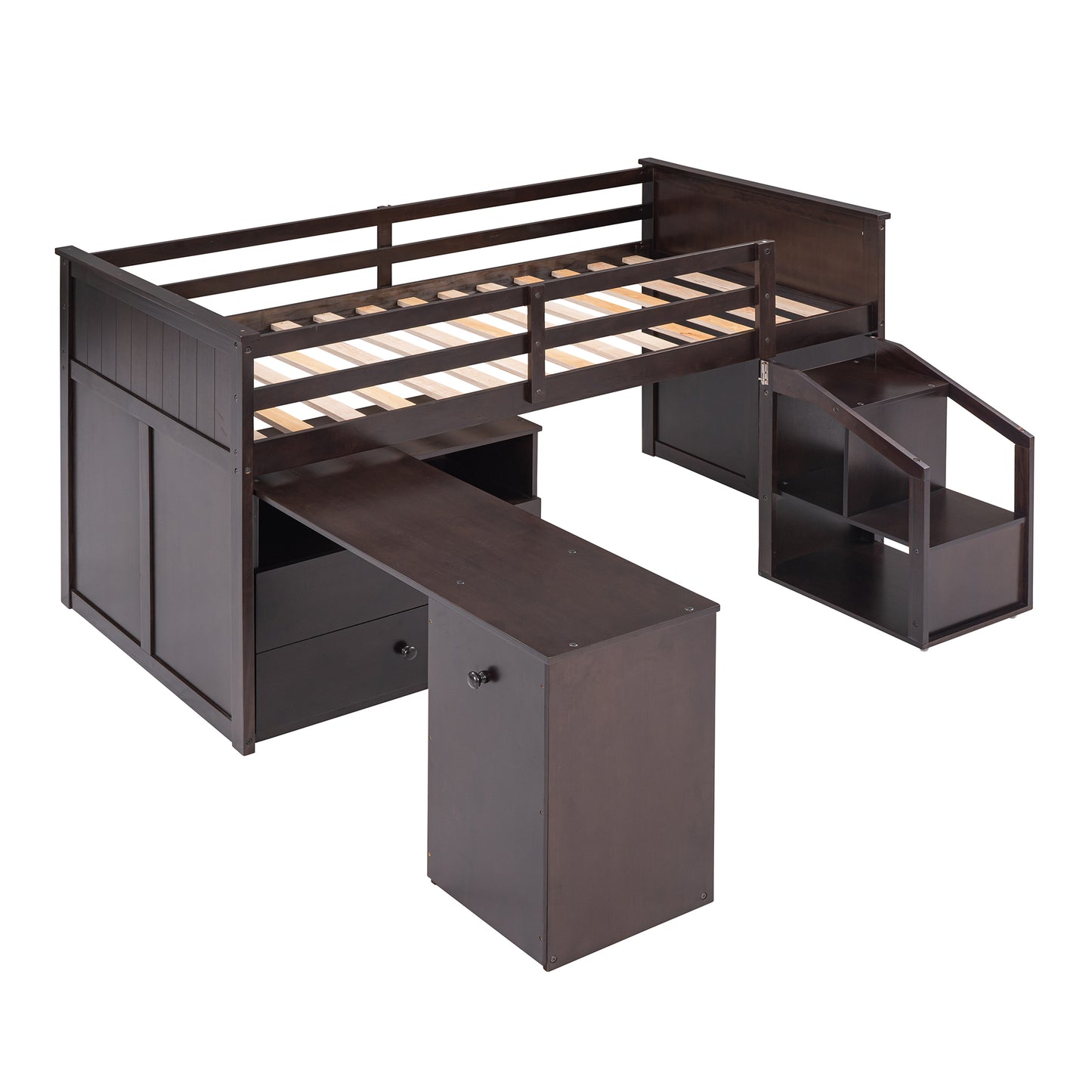 Loft Bed Low Study Twin Size Loft Bed With Storage Steps and Portable,Desk,Espresso(: LT000101AAP)