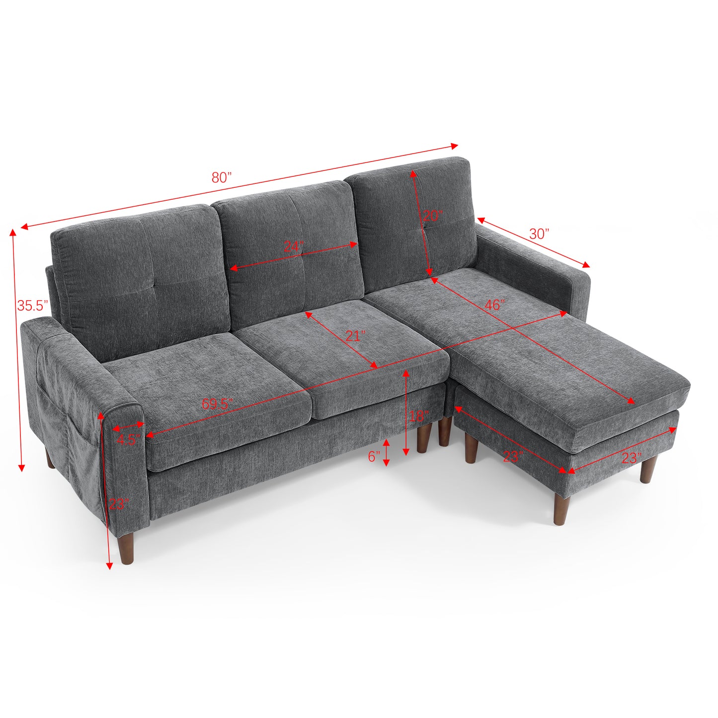 Convertible L-Shape Sectional Sofa with Removable Cushions and Ottoman, Dark Grey Chenille