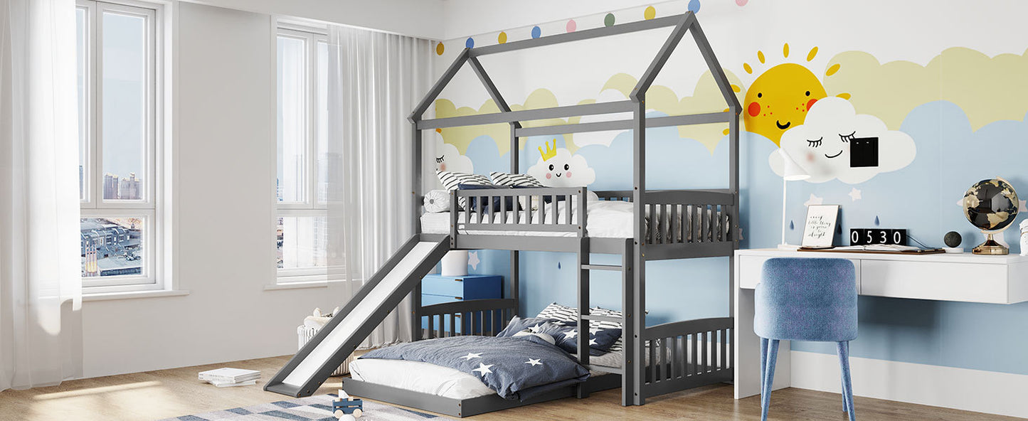 Gray Twin Bunk Bed with Slide and Playhouse Design for Maximized Space Saving