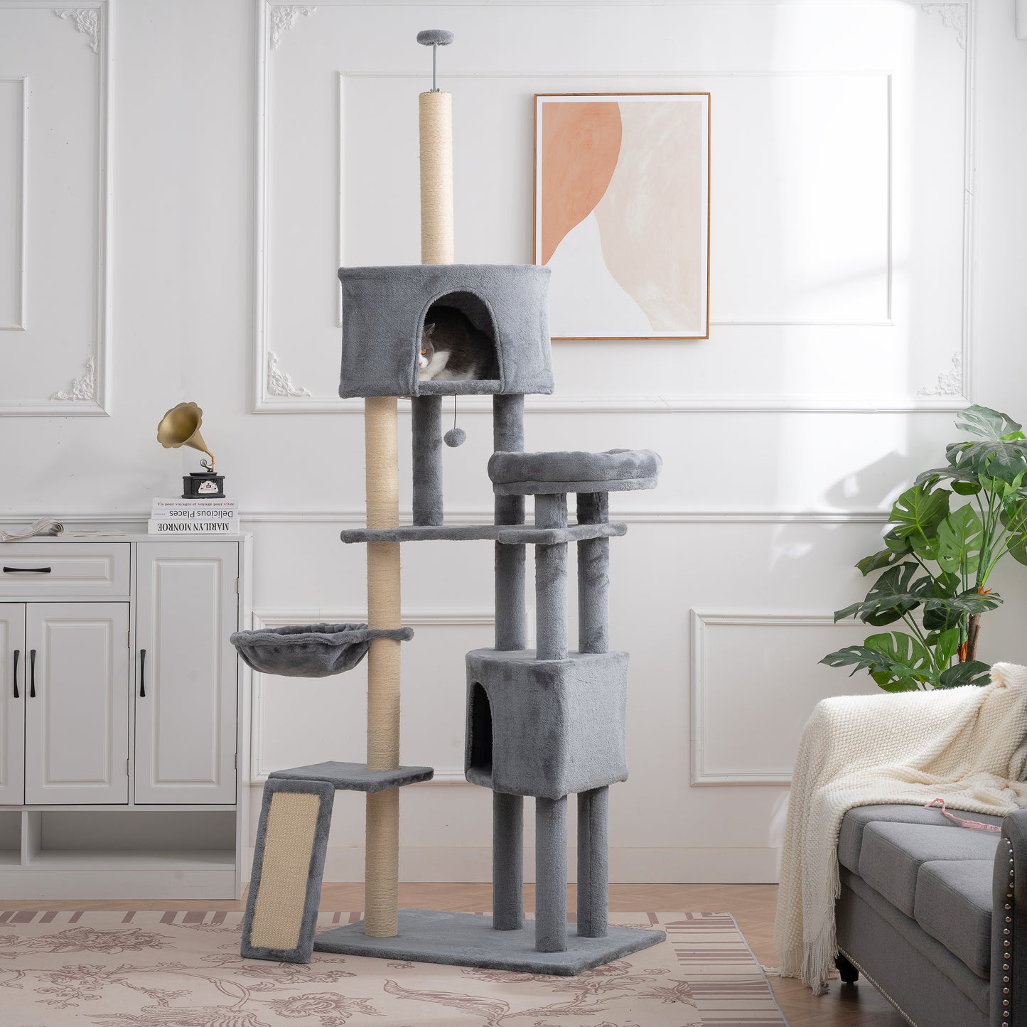 Cat Tree, 105-Inch Cat Tower for Indoor Cats, Plush Multi-Level Cat Condo with 3 Perches, 2 Caves, Cozy Basket and Scratching Board, GRAY COLOR