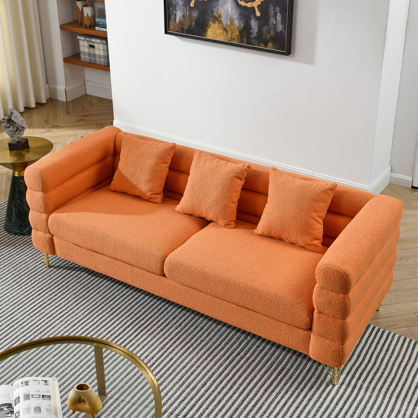 Art Deco Inspired 3-seater + 2-seater Combination Sofa in Orange Teddy Fabric