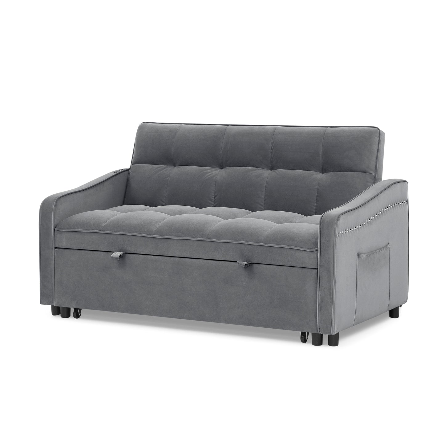 Loveseats Sofa Bed with Pull-out Bed,Adjsutable Back and Two Arm Pocket,TypeC and USB Charging with Copper nail,Grey (47"x53"x31")