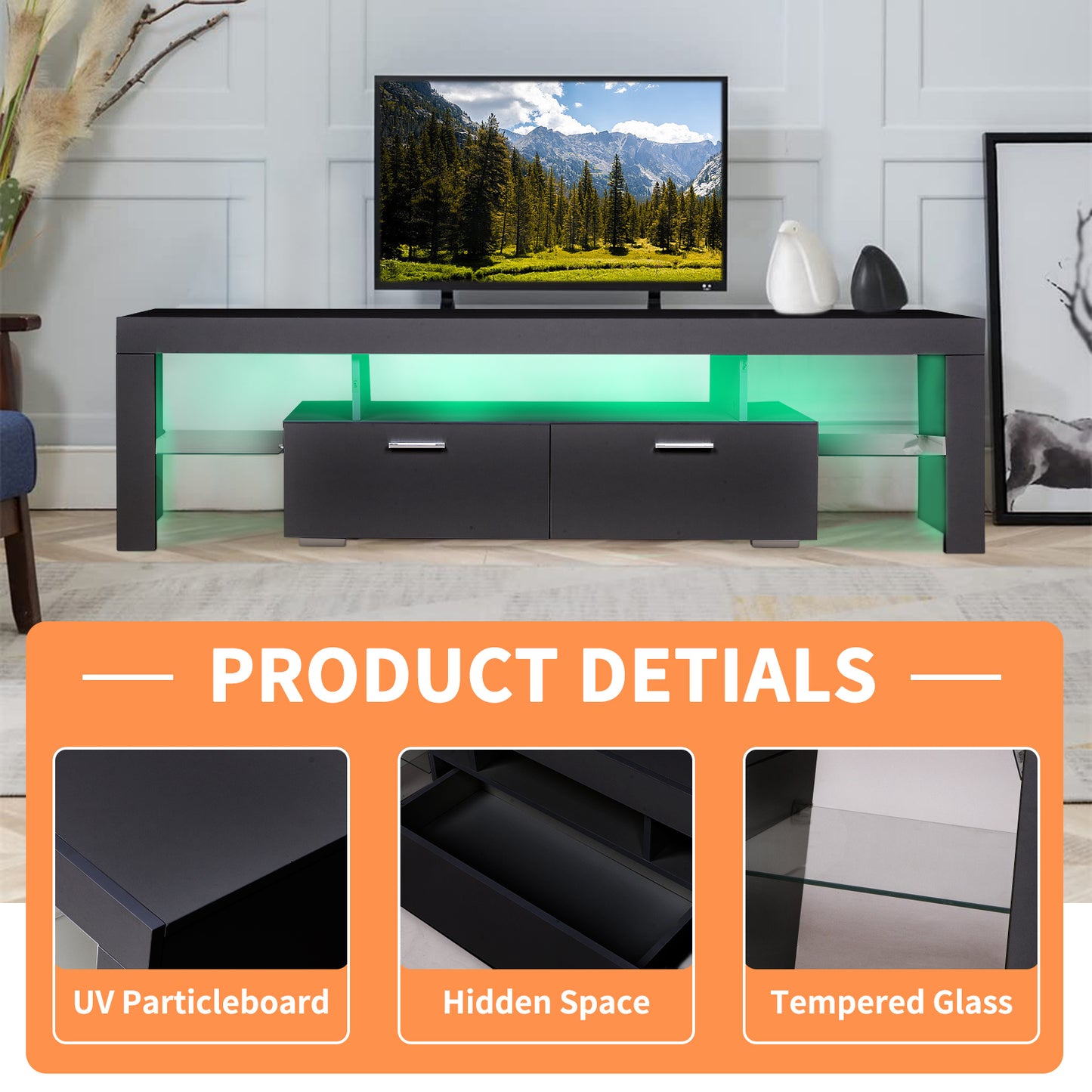 Modern LED TV Stand with Multi-Color Lighting and Storage Cabinet for TVs Up to 75 Inches