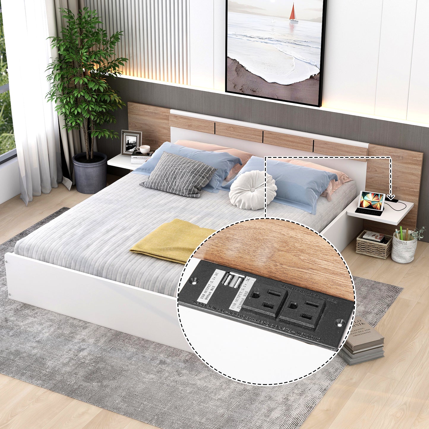 Queen Size Platform Bed with Headboard, Shelves, USB Ports and Sockets, White