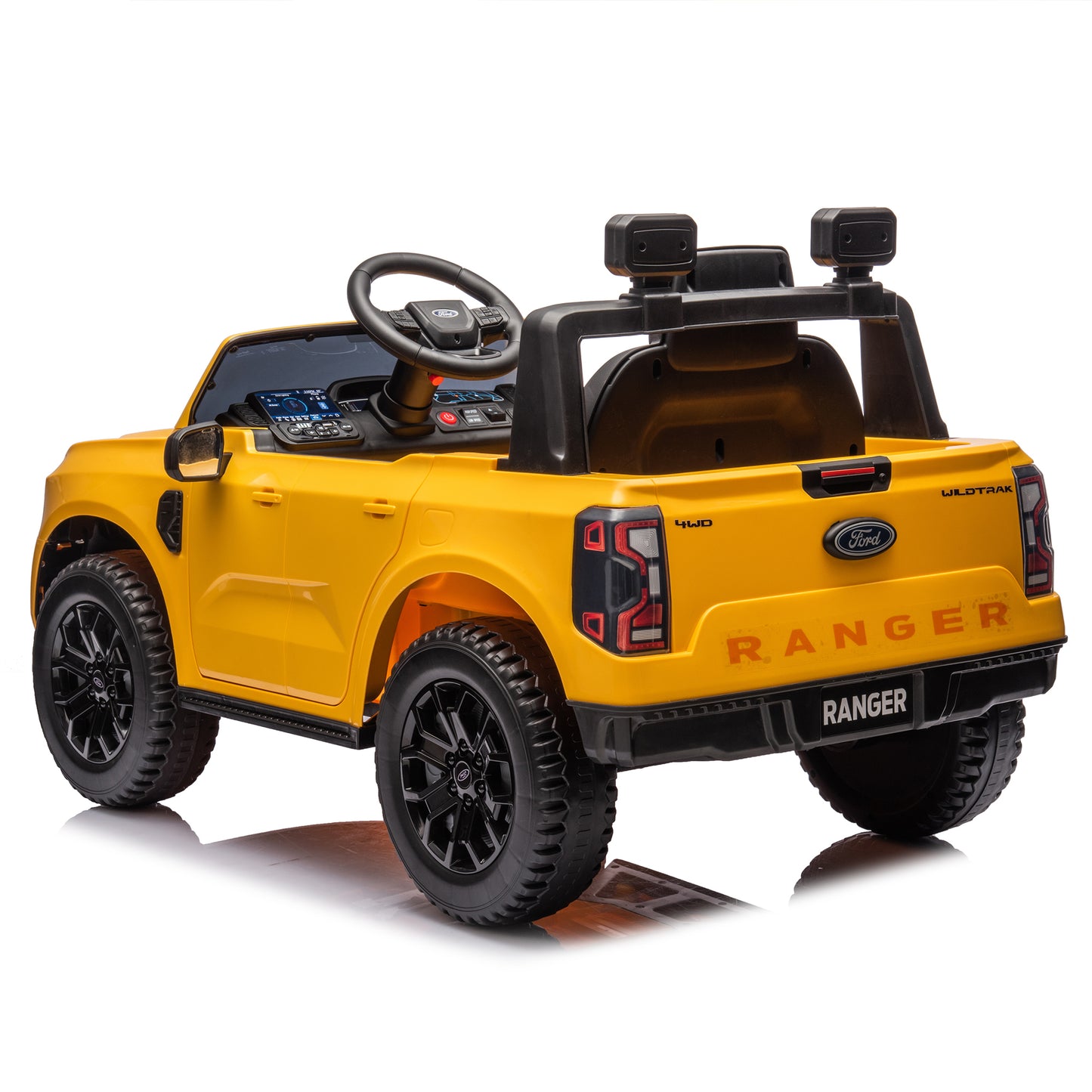 12V Kids Ride On Car W/Parents Remote Control,Licensed Ford Ranger,2WD,Rear wheel suspension,Low Start,Headlight,Horn,MP3,Bluetooth,Adjustable speed,Speed 1.86-4.97 mph for kids aged 3-6.