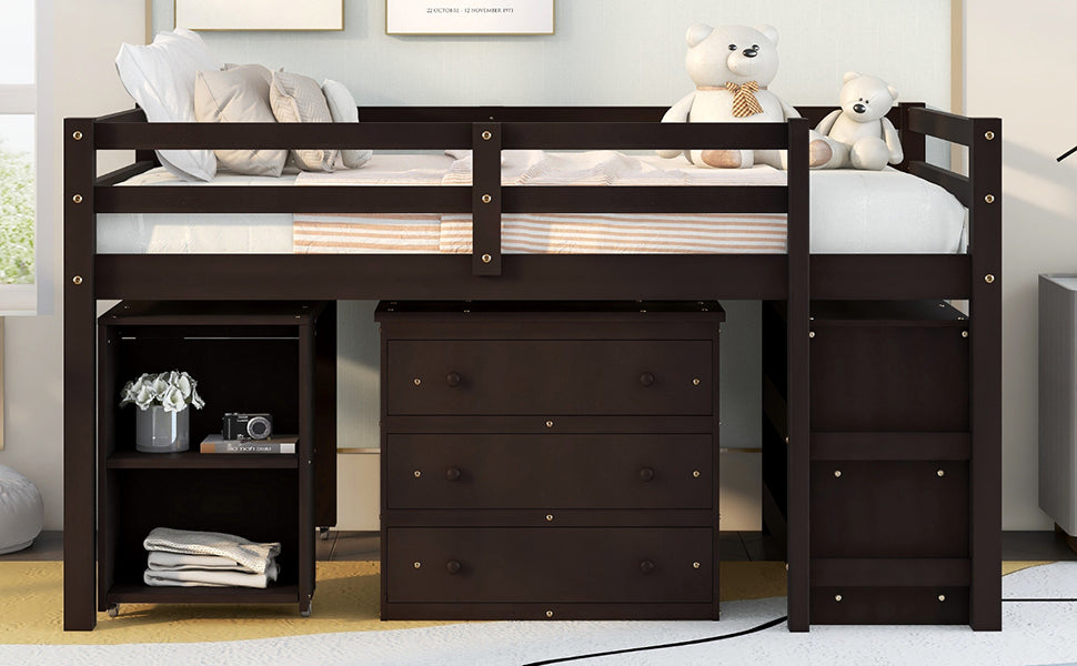 Low Study Full Loft Bed with Cabinet ,Shelves and Rolling Portable Desk ,Multiple Functions Bed- Espresso