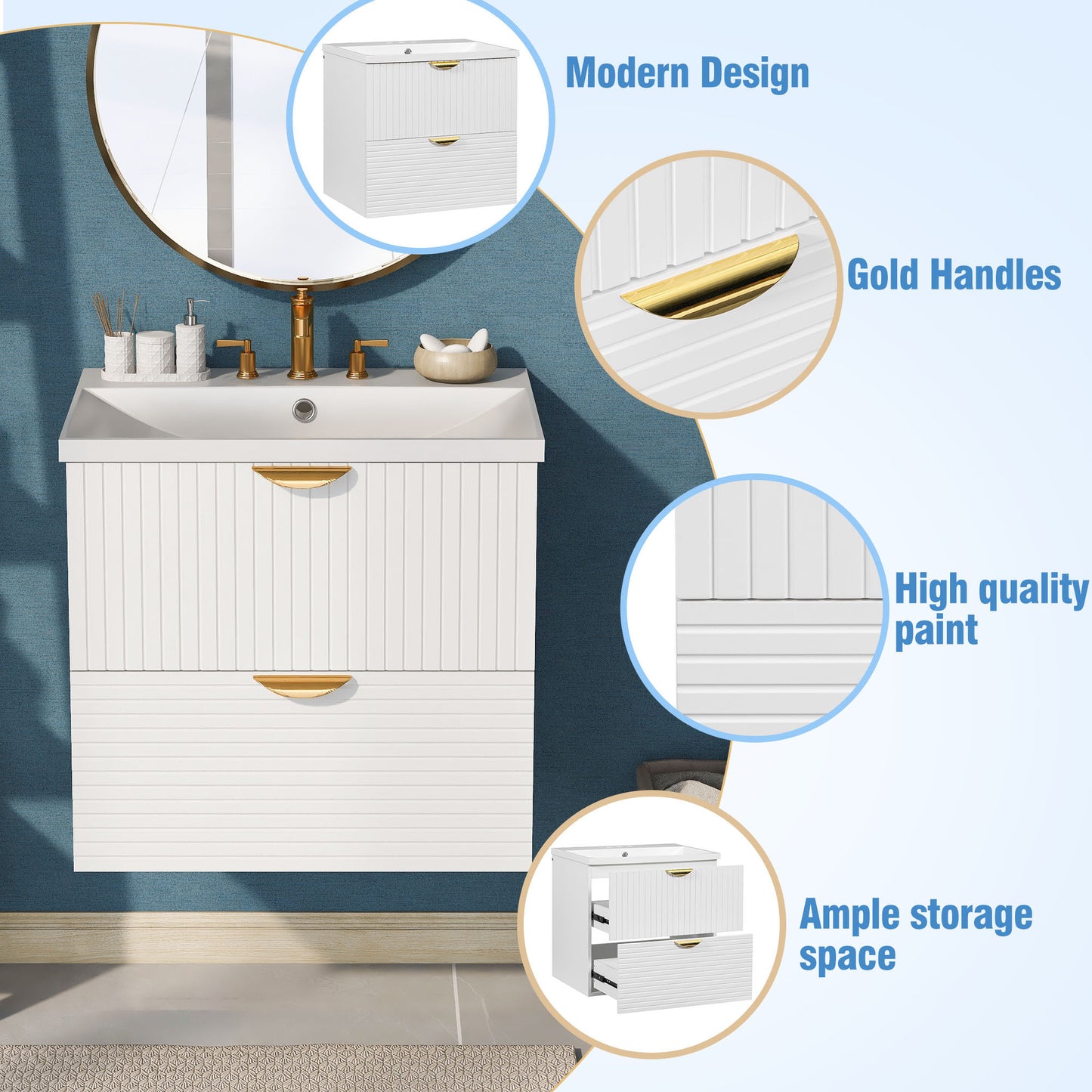 Modern 24-Inch Wall-Mounted Bathroom vanity with 2 Drawers, White  - Ideal for Small Bathrooms