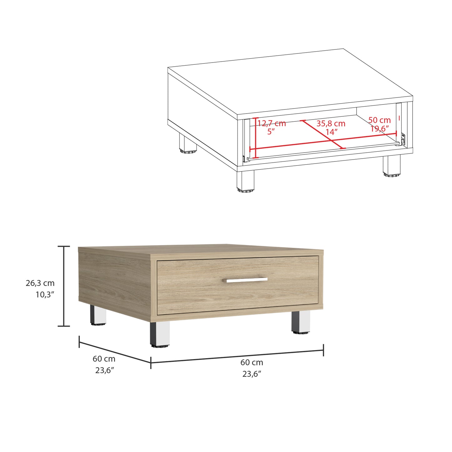 Beijing Coffee Table with One Drawer and Four Legs in Light Pine