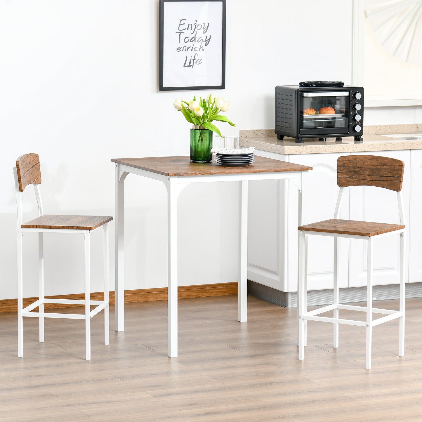 3 Piece Bar Table Set, Industrial Counter Height Dining Table Set, Bar Table & Chairs with Steel Legs & Footrests, White