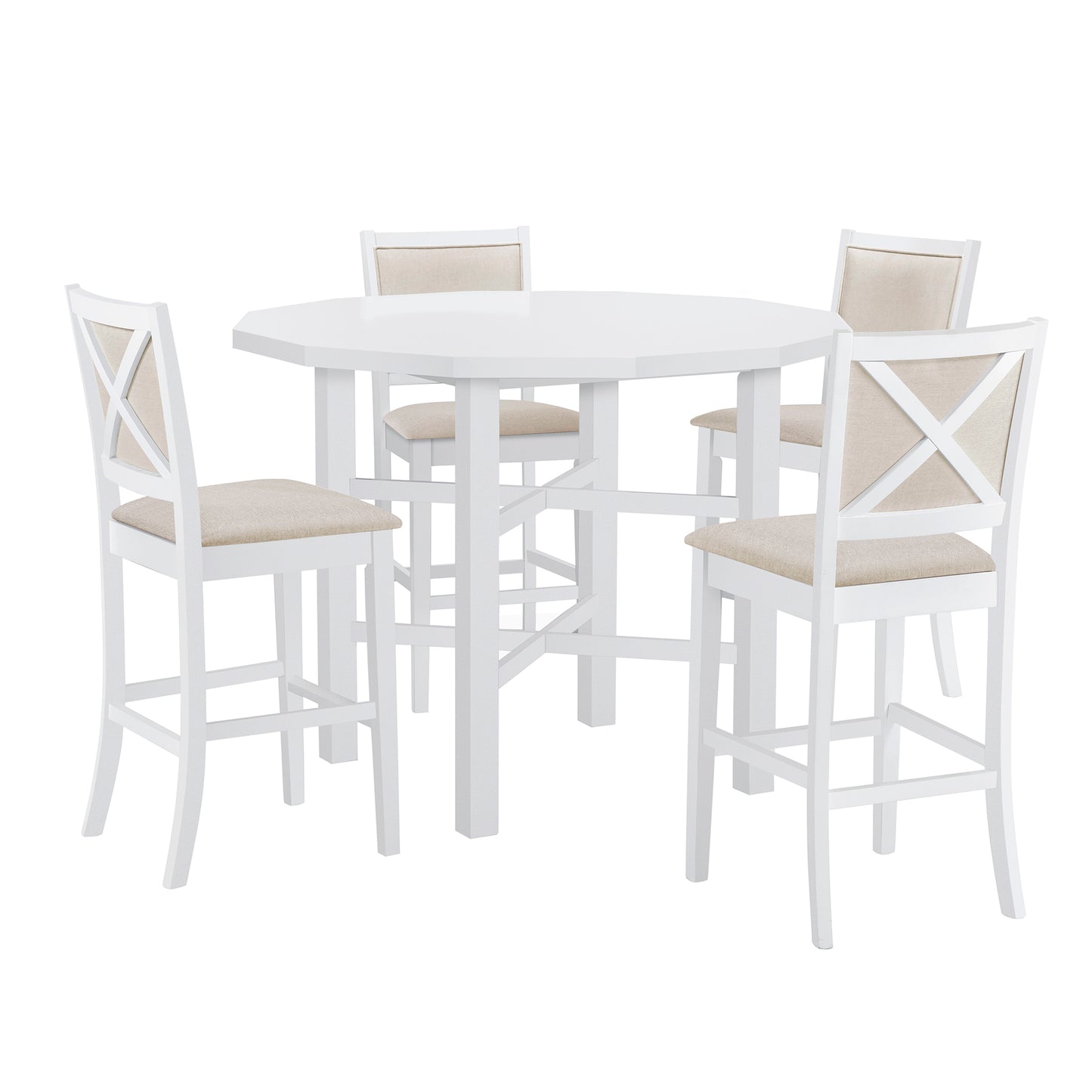 5-Piece Rubber Wood Counter Height Dining Table Set, Irregular Table with 4 High-back Cushioned Chairs for Small Place, White