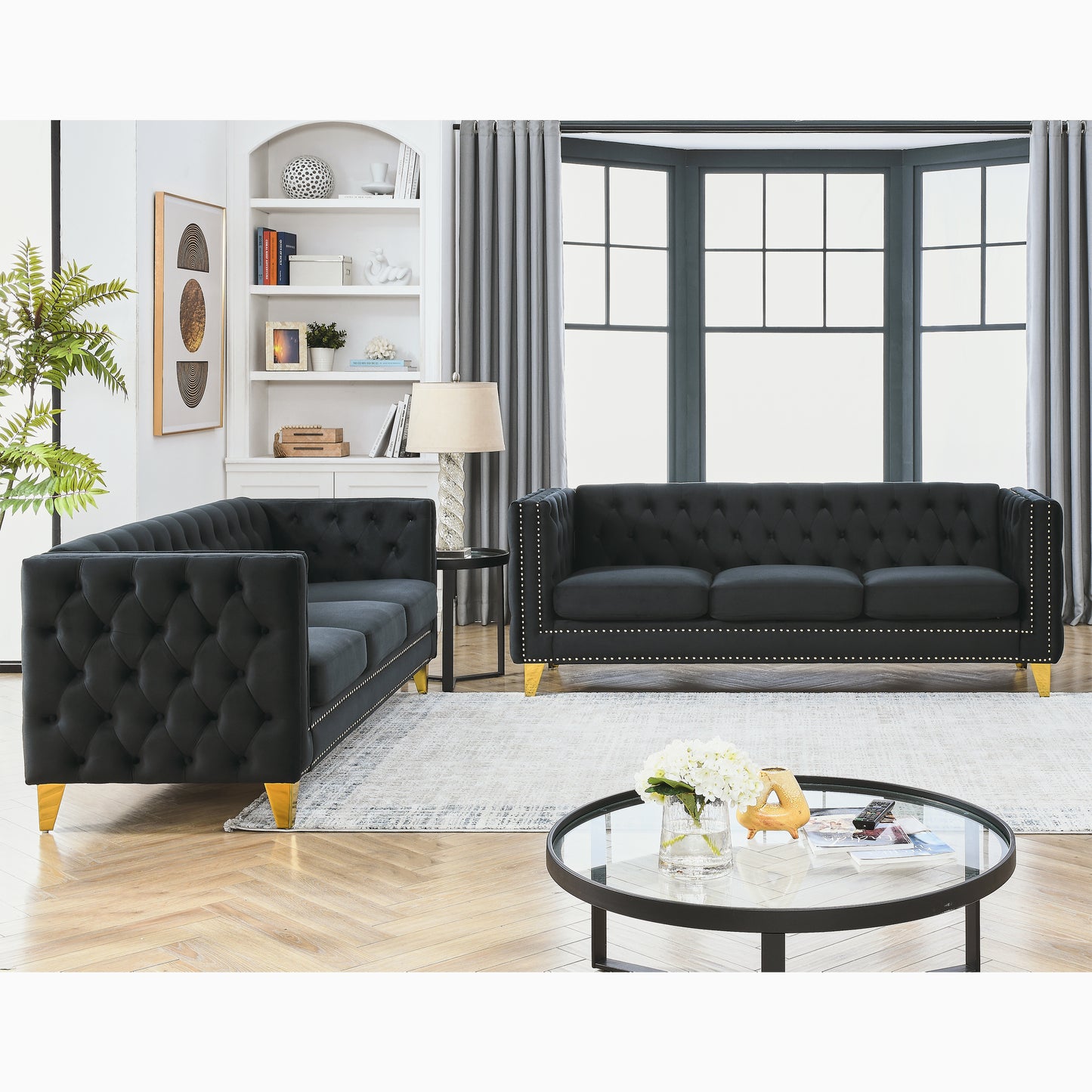 Velvet Sofa for Living Room,Buttons Tufted Square Arm Couch, Modern Couch Upholstered Button and Metal Legs, Sofa Couch for Bedroom, Black Velvet ,2PCS