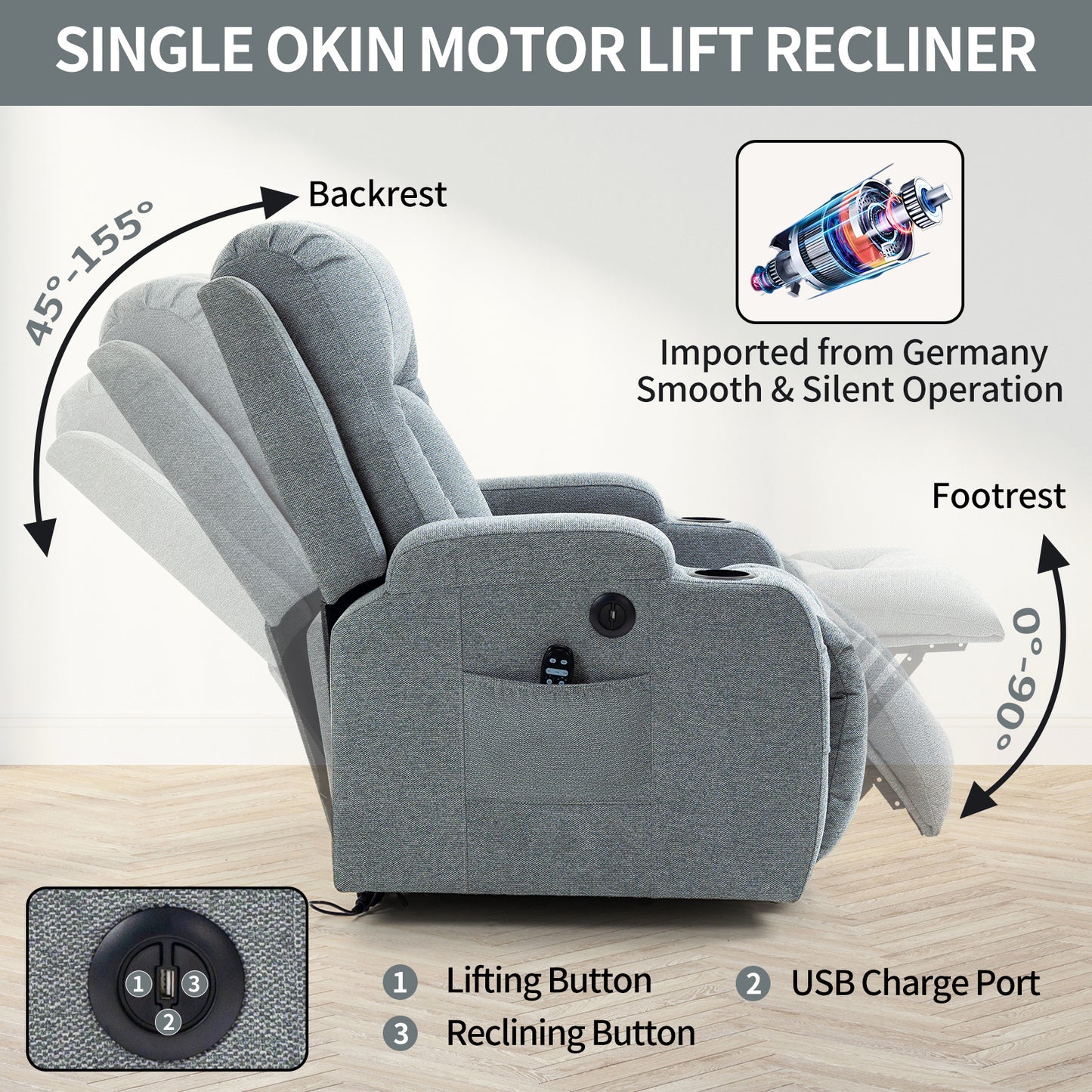 Infinite Position Okin Motor Power Lift Recliner Chair with Massage and Heating - Grey