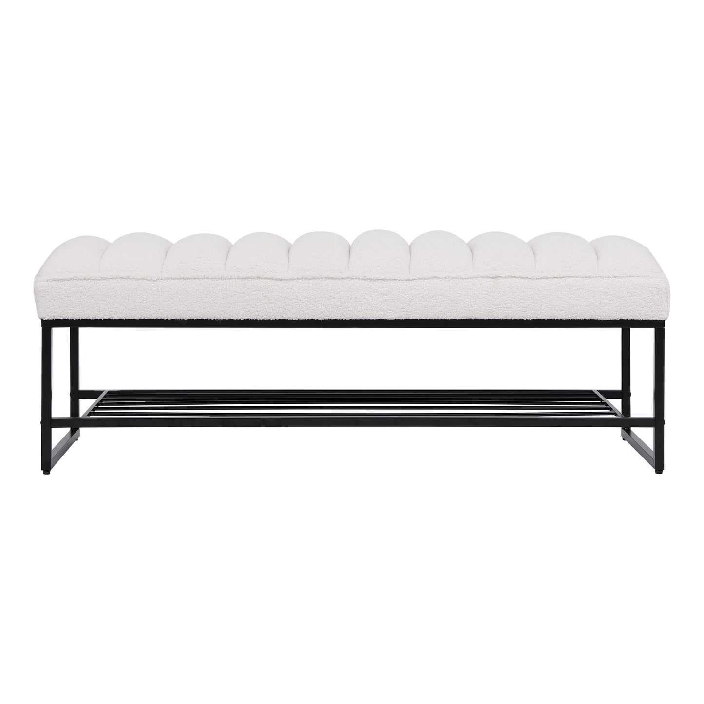 Channel Tufted Bench with Metal Shelf White Sherpa Upholstered Benches End of Bed Ottoman for Bedroom, Living Room, Entryway (White)