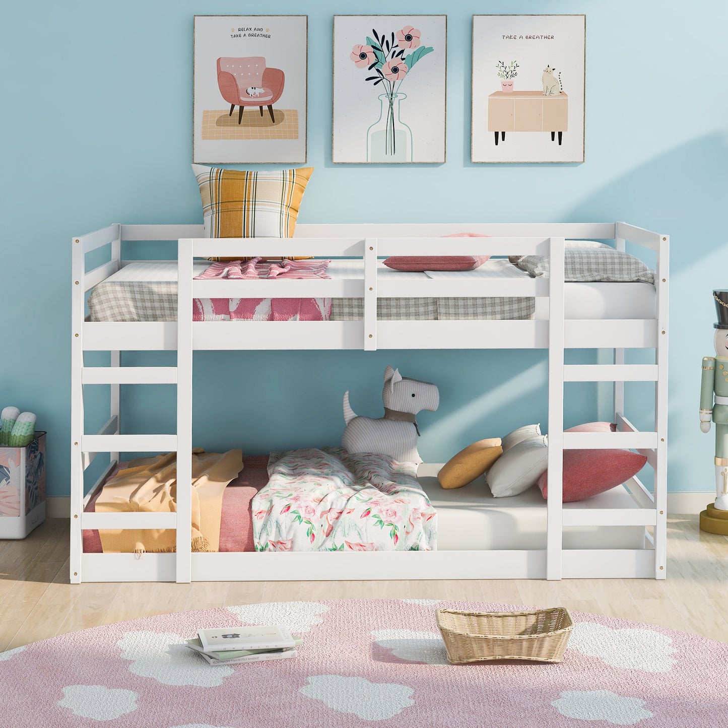 White Twin Bunk Bed with Ladder: Space-Saving Solid Pine Twin over Twin Bed