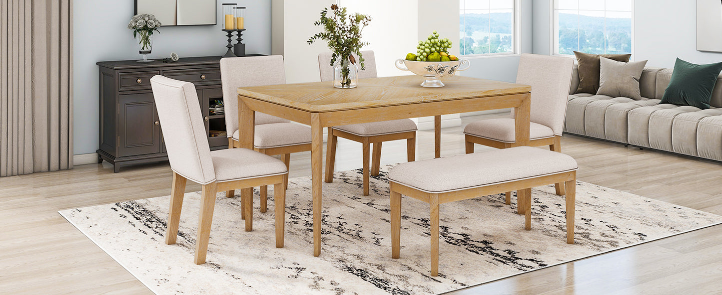 6-Piece Dining Table Set with Upholstered Dining Chairs and Bench,Farmhouse Style, Tapered Legs, Natural+Beige