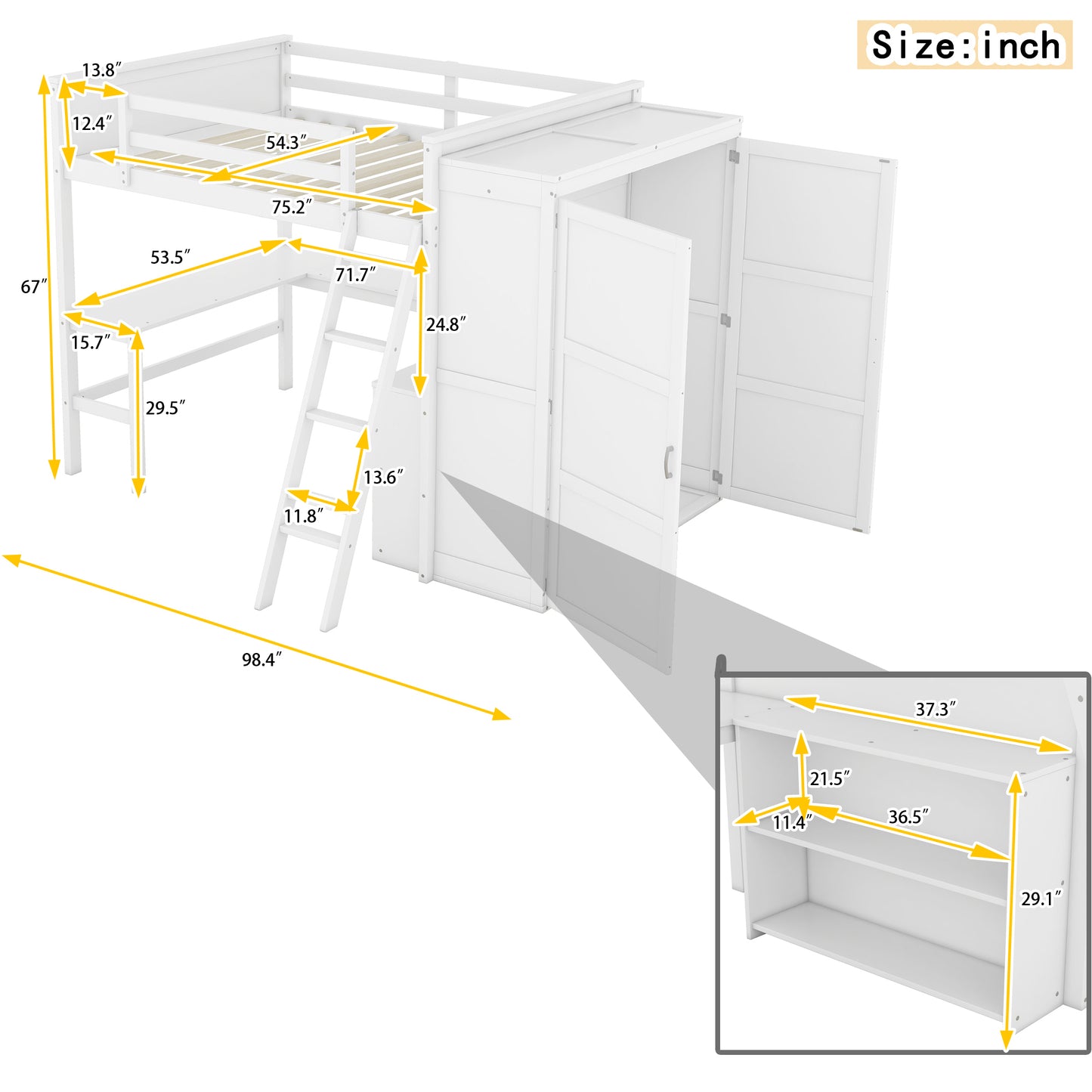 Full size Loft Bed with Desk, Shelves and Wardrobe-White