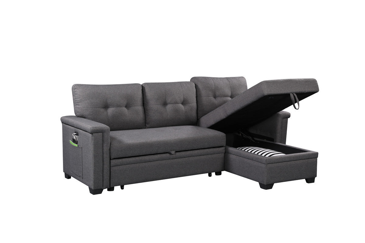 Nathan Charcoal Gray L-Shaped Sleeper Sectional Sofa with Storage Chaise, USB Charging Ports and Pocket