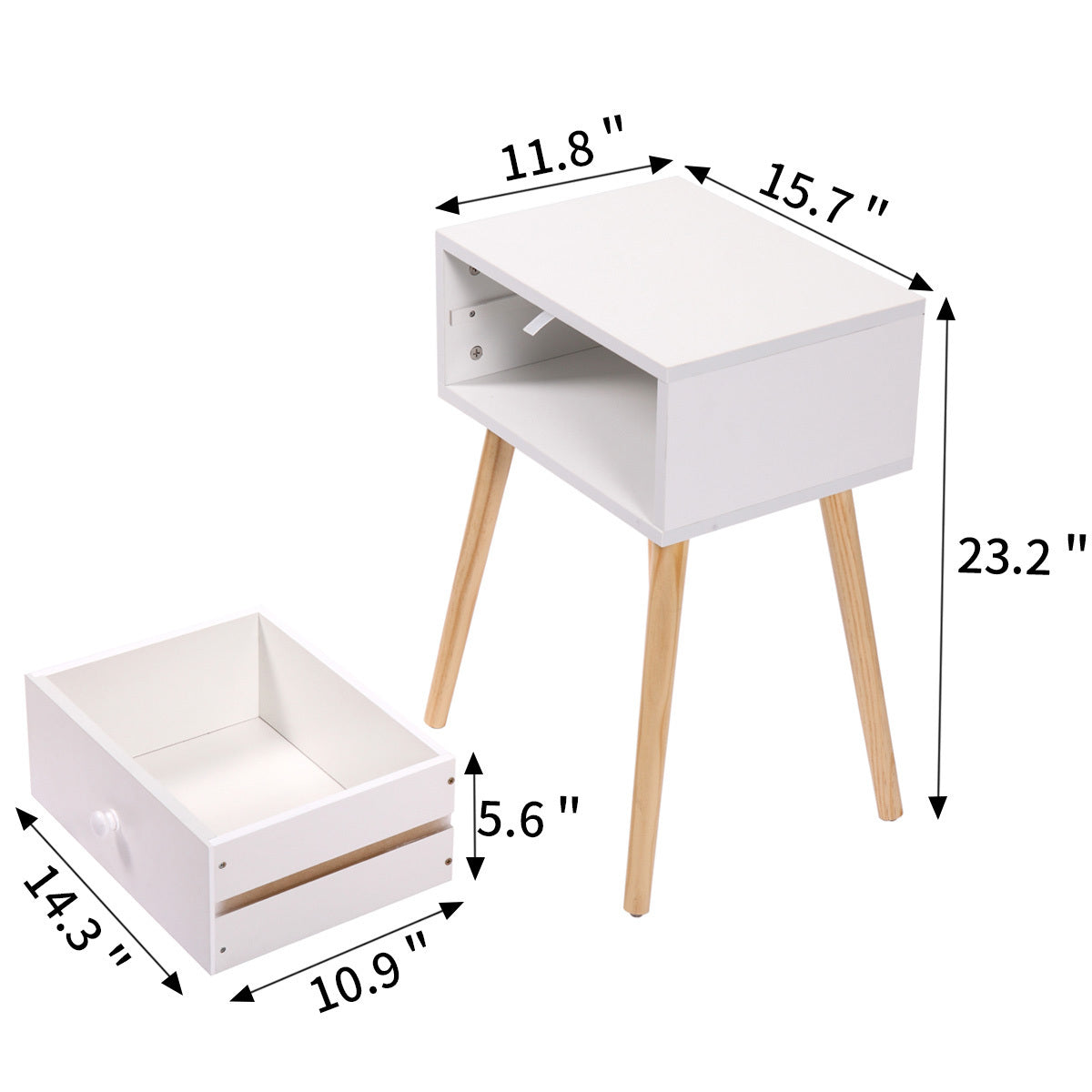 Set of 2 Wood Nightstand with Storage Drawer and Solid Wood Leg, Modern End Table for Living Room Bedroom Home Furniture, White + Brown