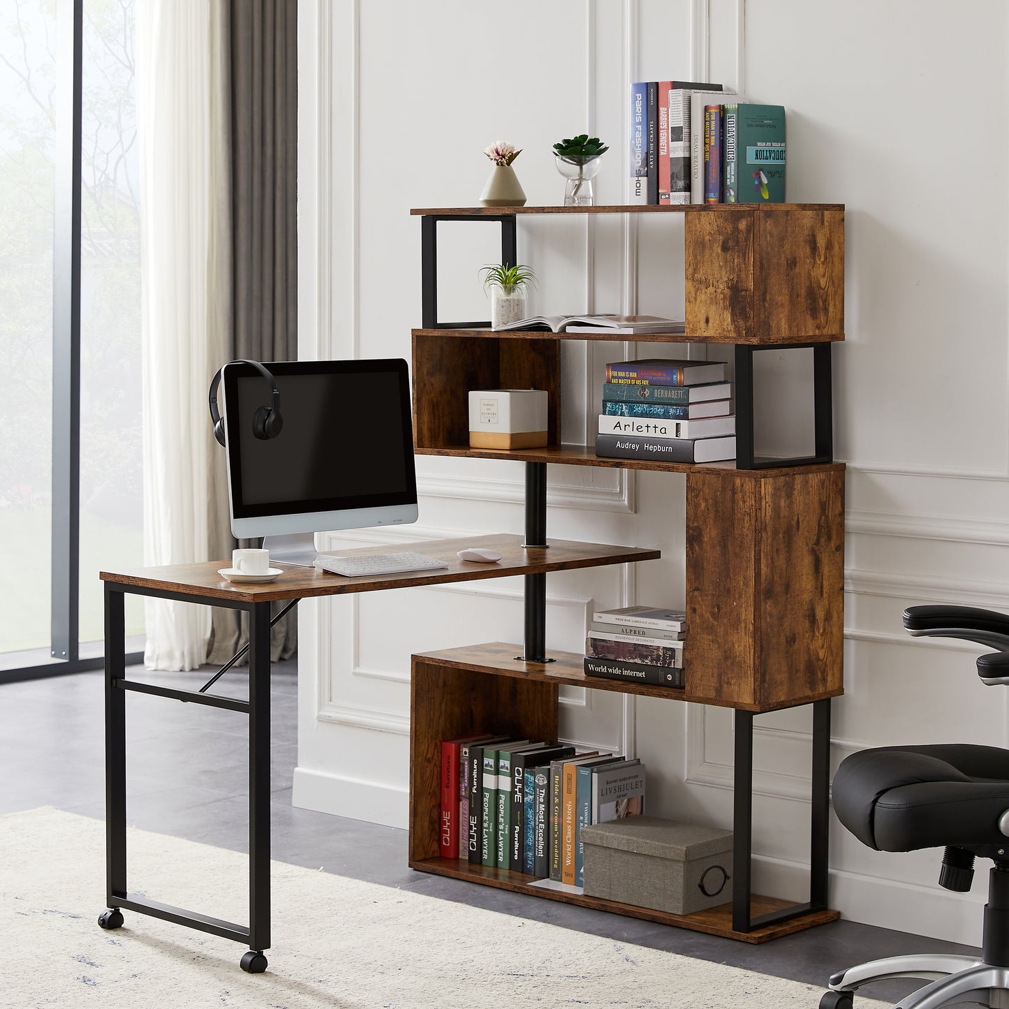 Modern L-Shaped Computer Desk with Rotating Bookshelf - Brown Tiger Wood