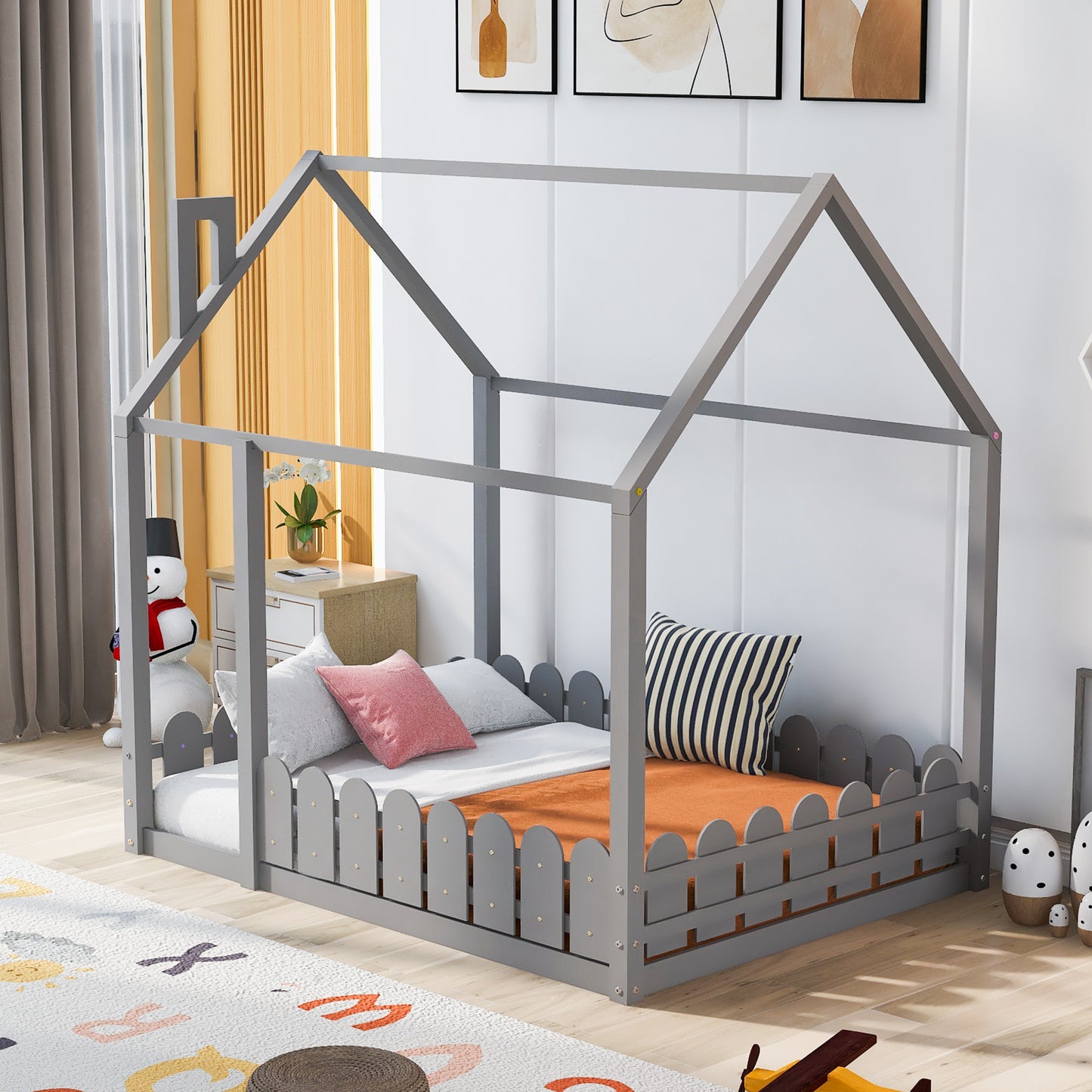 Full Size Wood Bed House Bed Frame with Fence, for Kids, Teens, Girls, Boys (Gray )