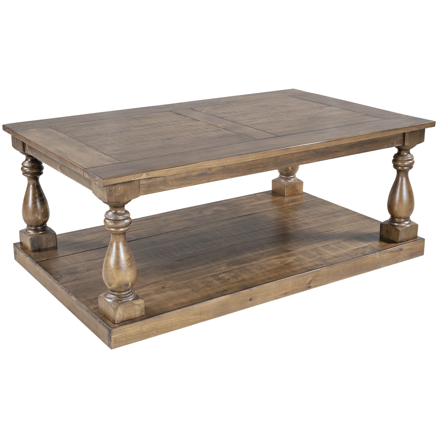 Rustic Pine Wood Coffee Table with Lower Storage Shelf and Carved Pillar Details