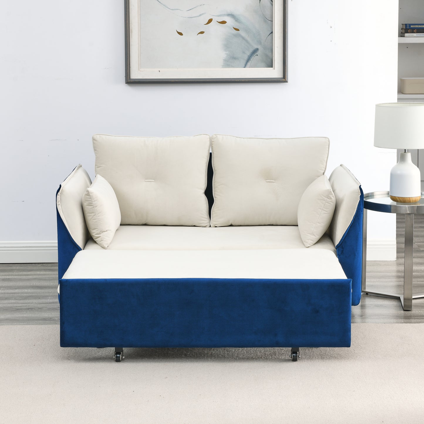 MH 57" Modern Convertible Sofa Bed with 2 Detachable Arm Pockets, Velvet Loveseat Multi-position adjustable Sofa with Pull Out Bed with Bedhead, 2 Pillows and Living Room, WHITE-BLUE