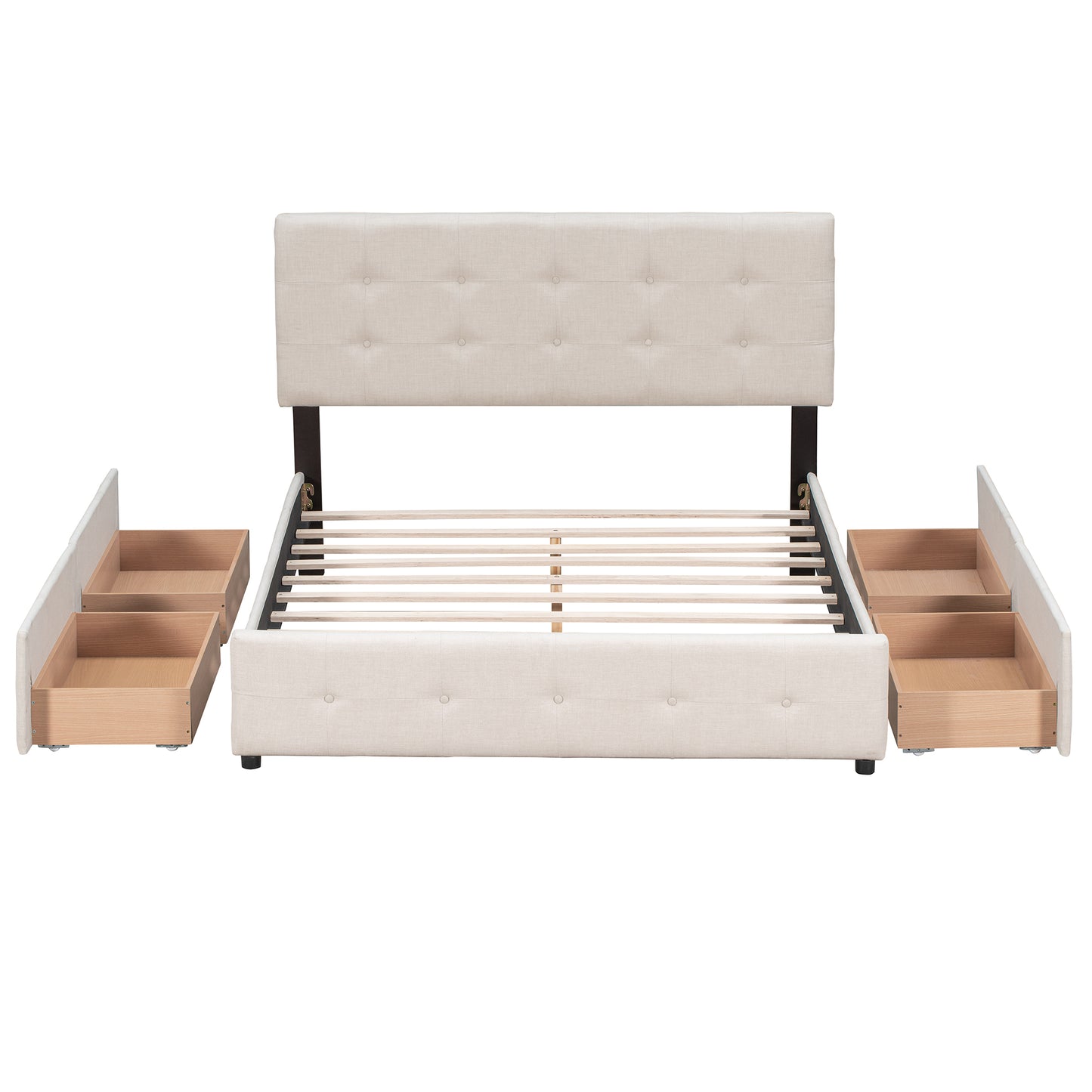 Upholstered Platform Bed with Classic Headboard and 4 Drawers, No Box Spring Needed, Linen Fabric, Queen Size Beige