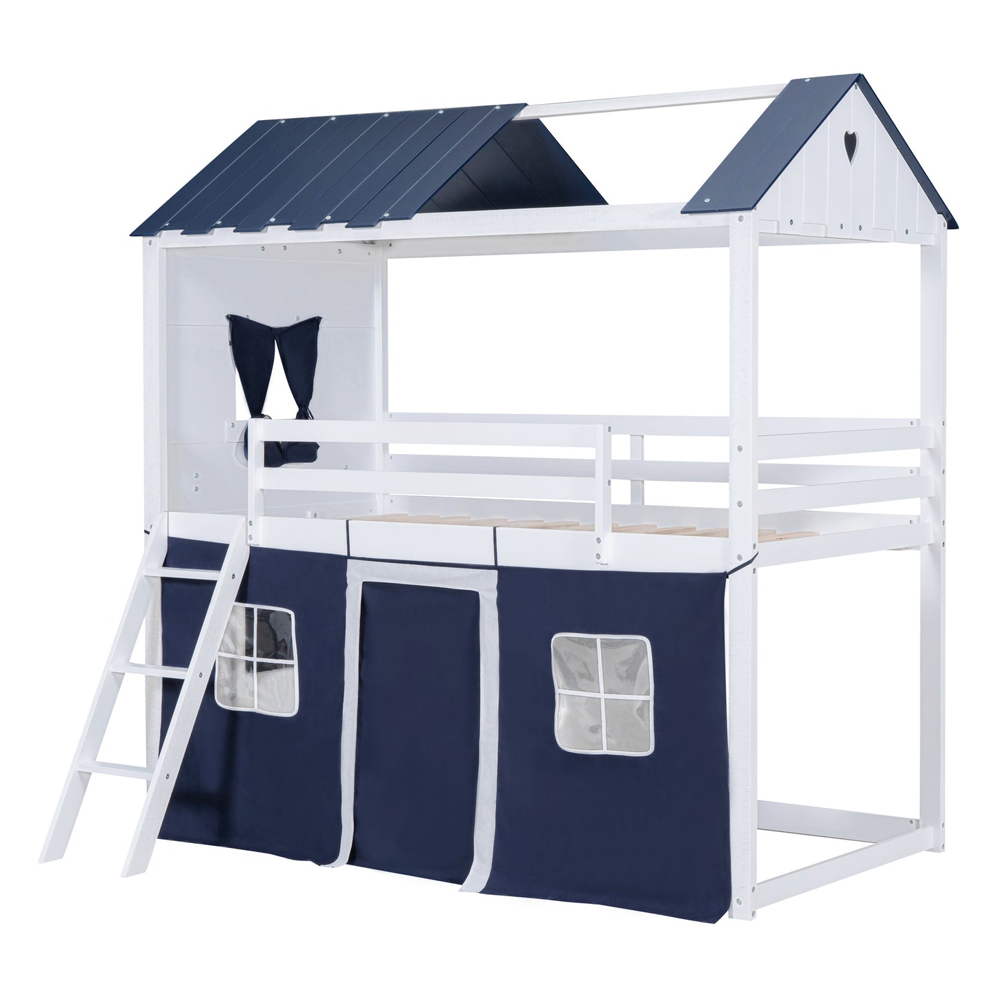 Twin Size Bunk Wood House Bed with Elegant Windows, Sills and Tent,  Blue+White