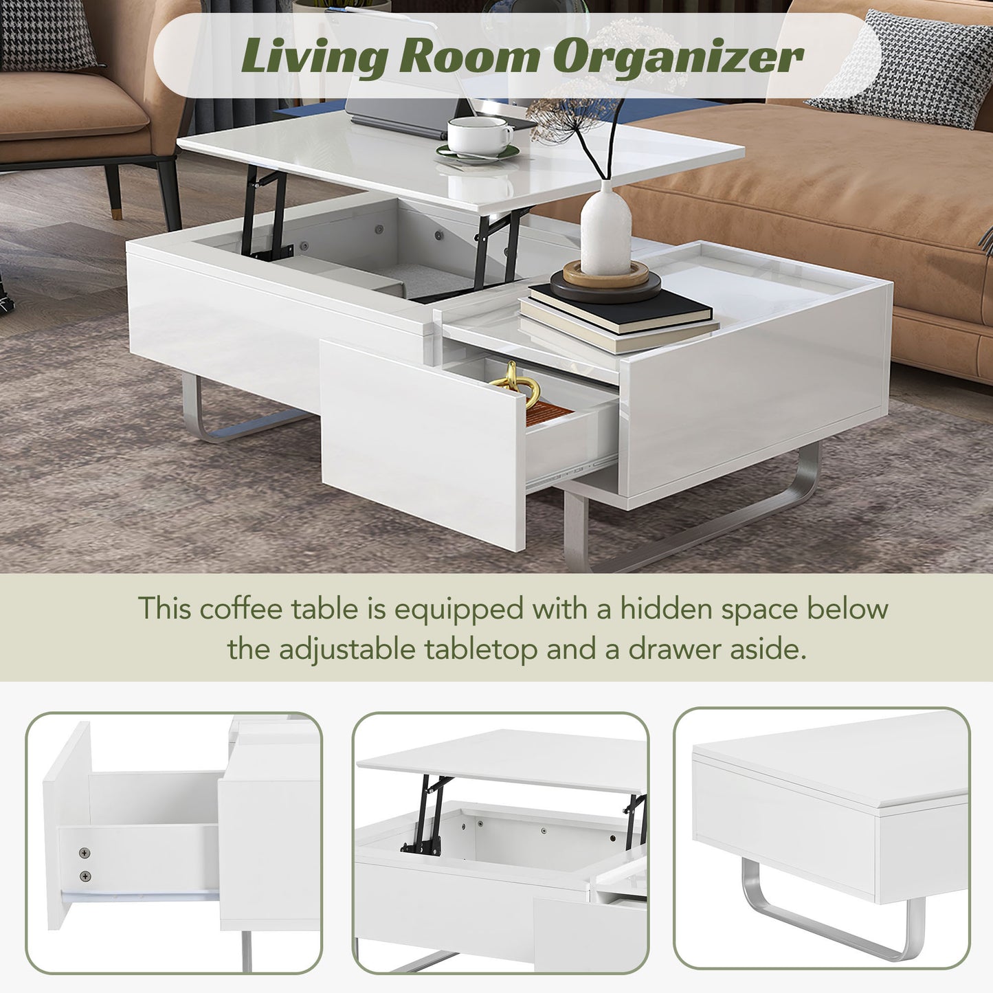 Contemporary White Lift-Top Coffee Table with Hidden Storage