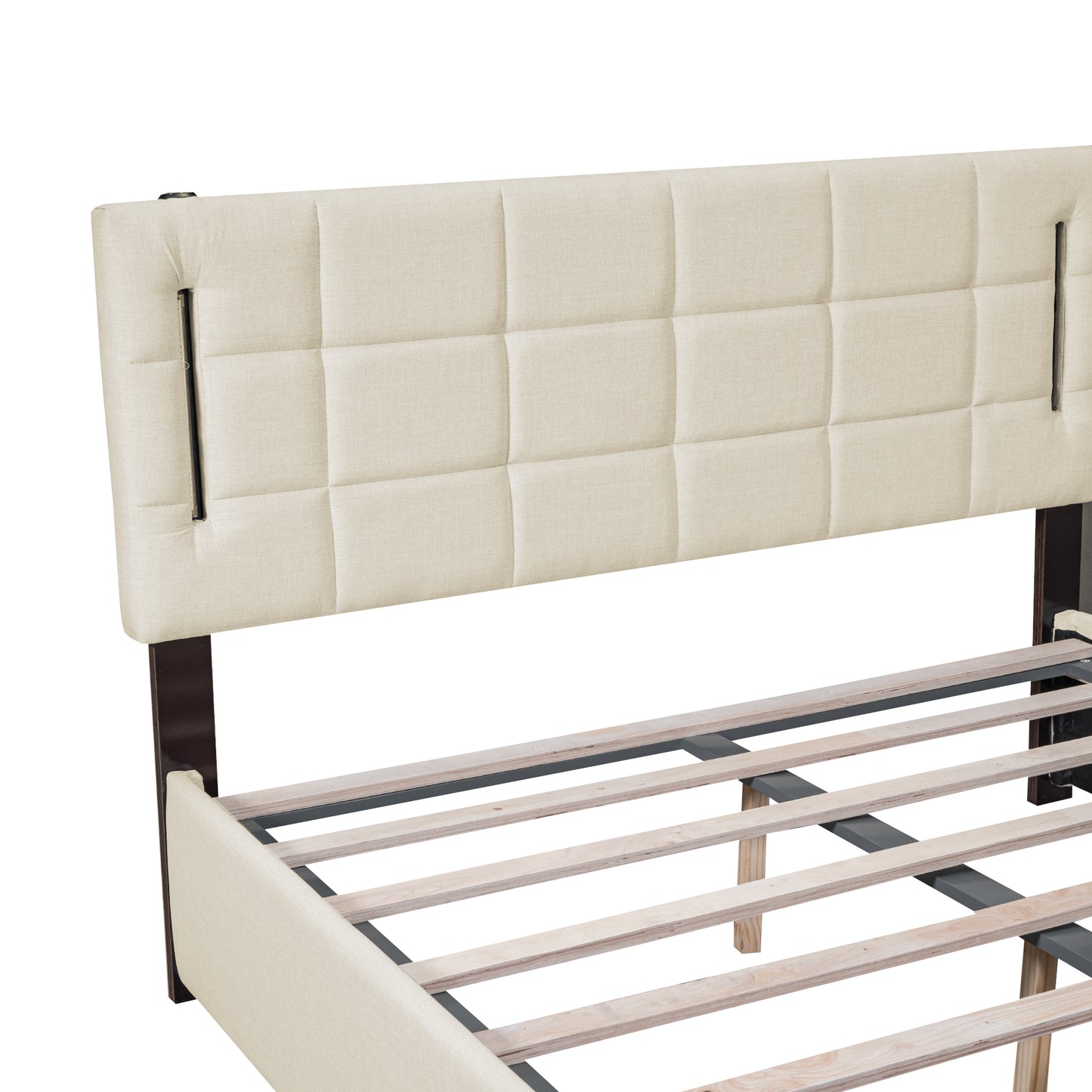 Queen Size Upholstered Bed with Hydraulic Storage System and LED Light, Beige