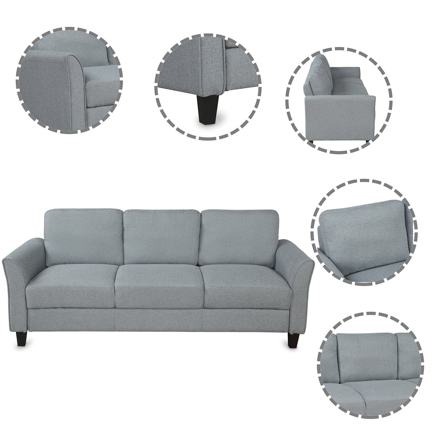 Gray 3-Seat Linen Fabric Sofa for Living Room