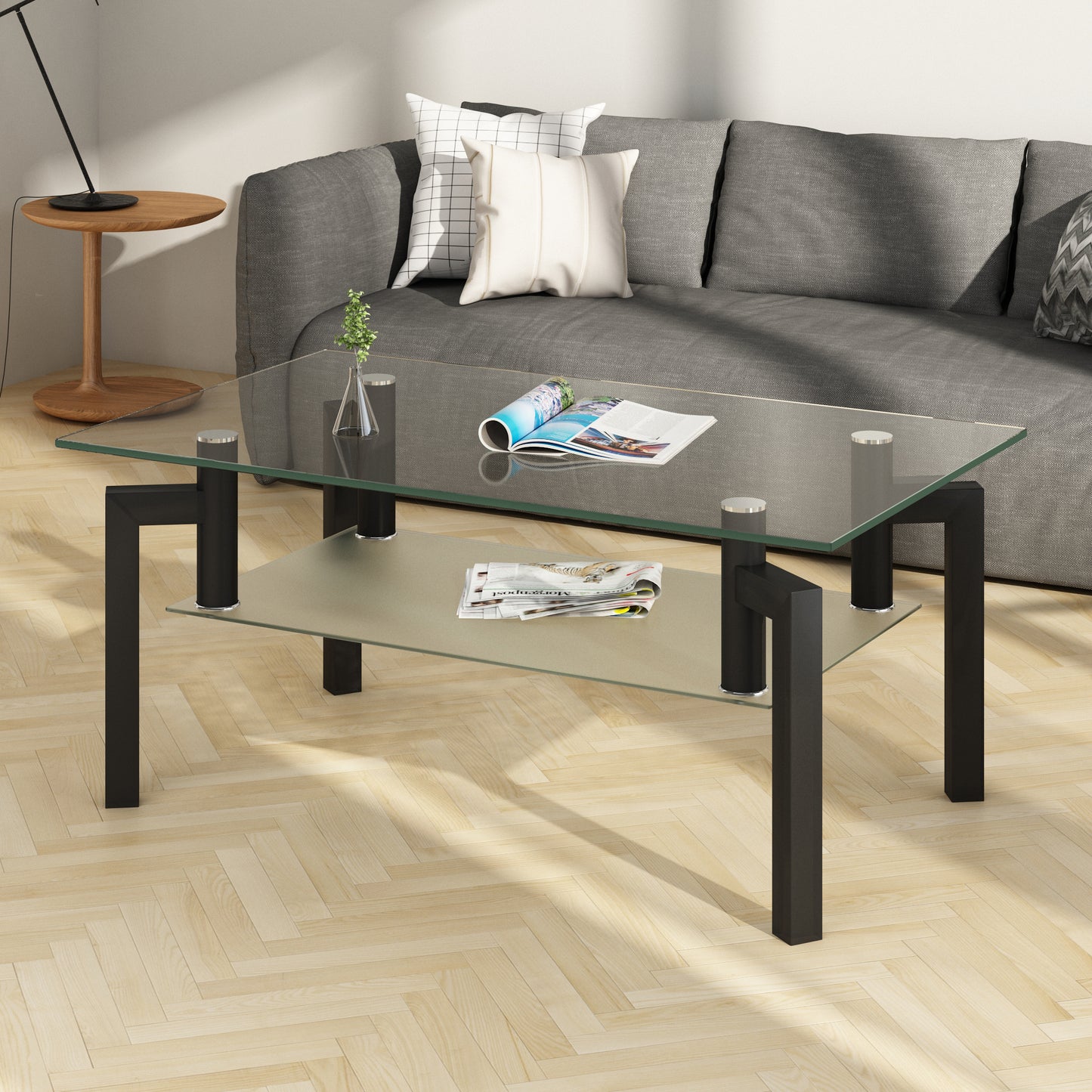 Modern Black Glass Coffee Table with Double Layer Storage