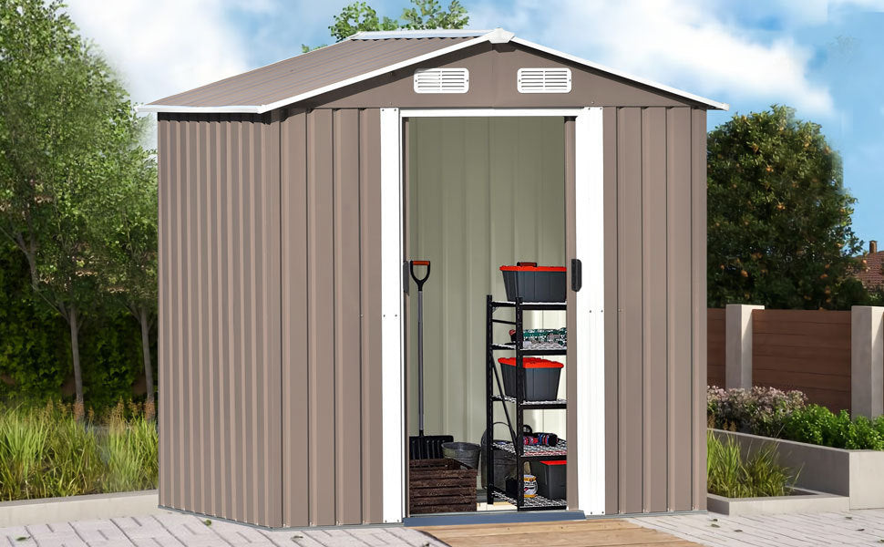 Patio 6ft x4ft Bike Shed Garden Shed, Metal Storage Shed with Lockable Door, Tool Cabinet with Vents and Foundation for Backyard, Lawn, Garden, Brown