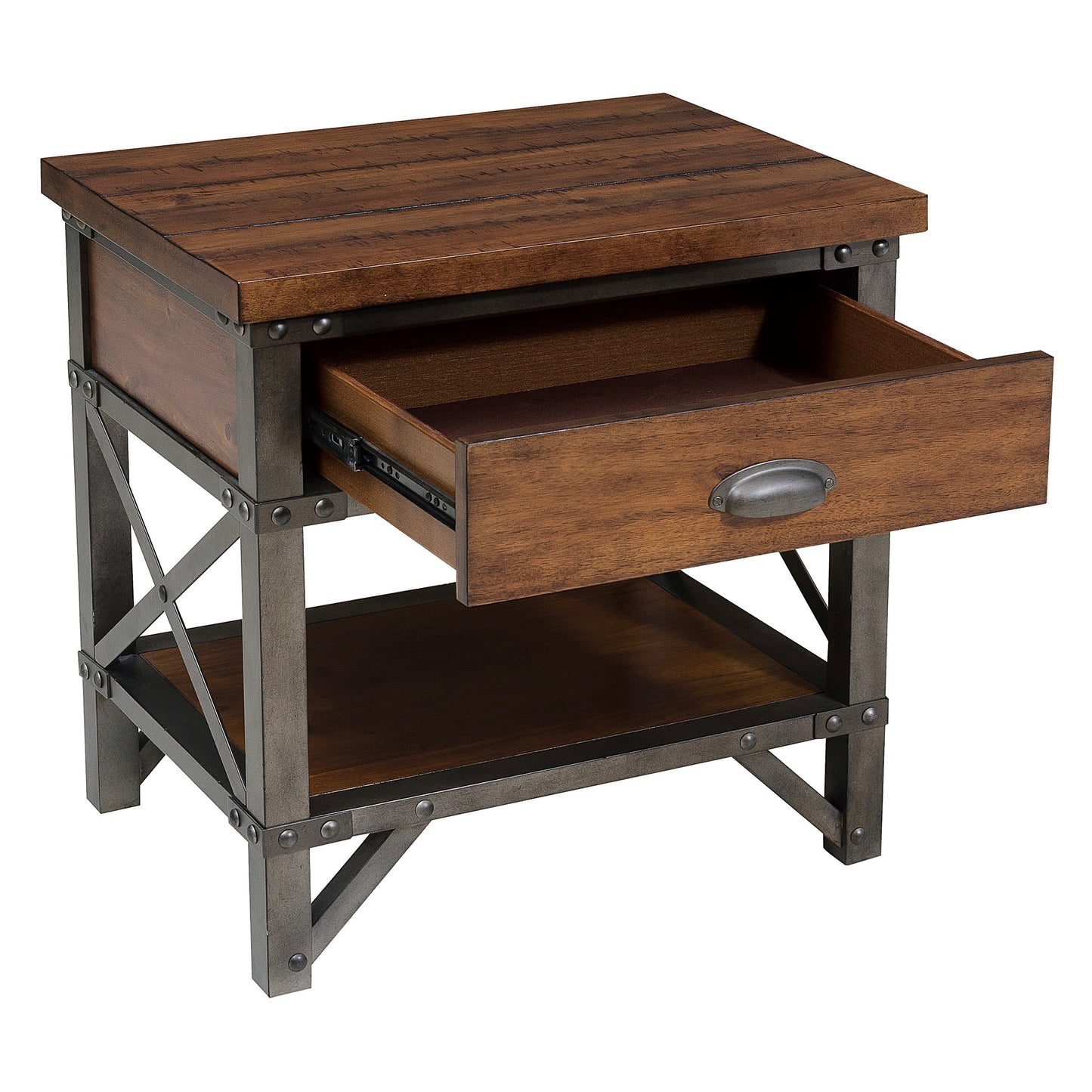 Unique Style Two-Tone Finish Nightstand of Drawer Shelf Metal Finished Brackets Industrial Design Bedroom Furniture