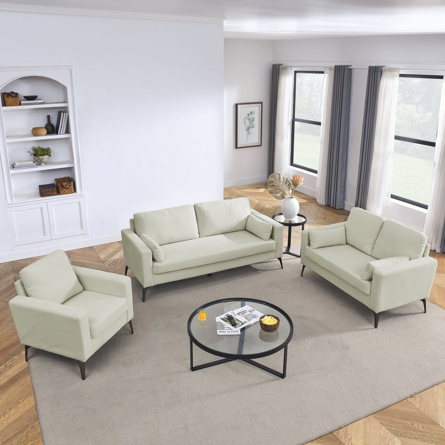 3-Piece Corduroy Beige Living Room Sofa Set with 3-Seater Sofa, Loveseat, and Sofa Chair