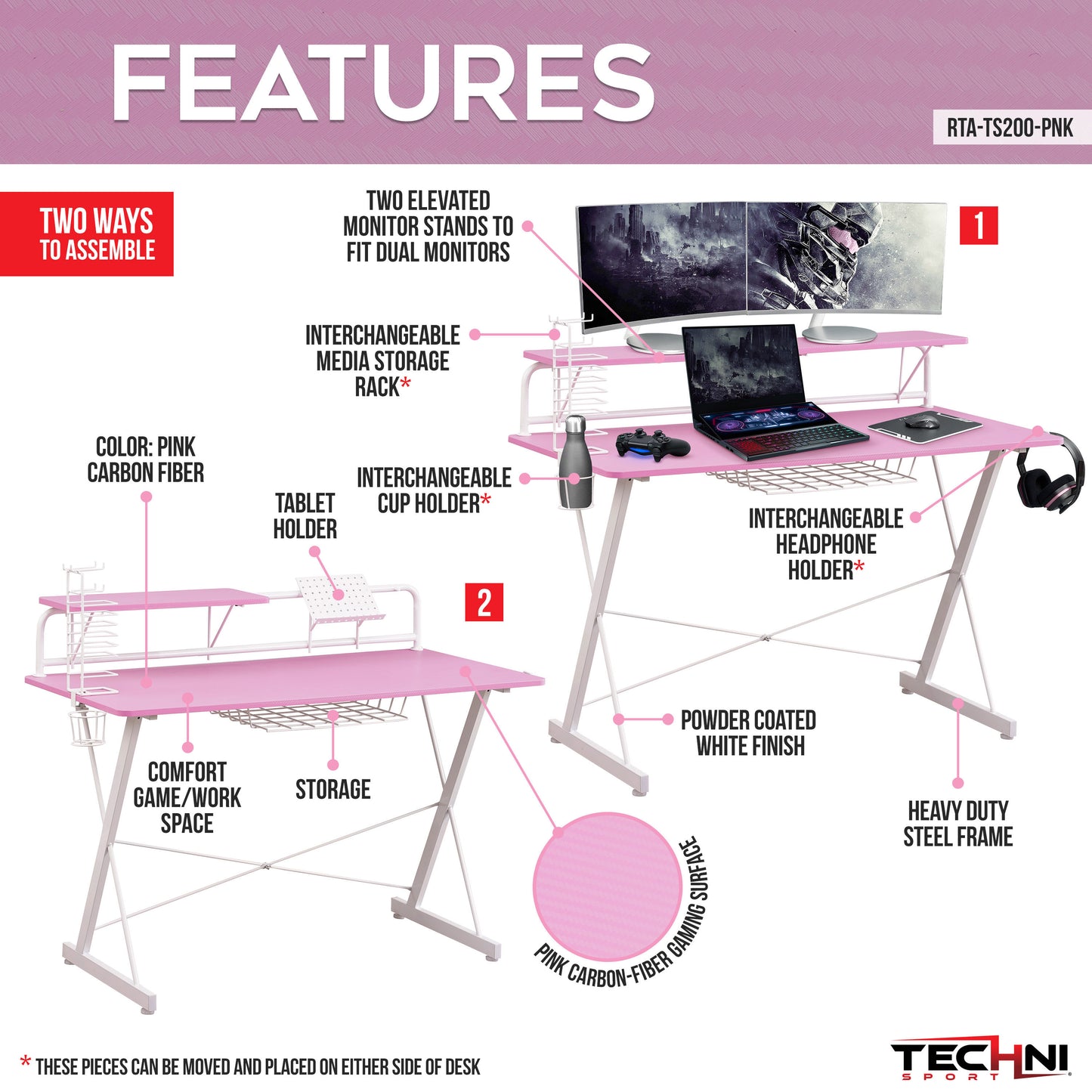 Peak Performance Gaming Desk with Pink Accents by Techni Sport