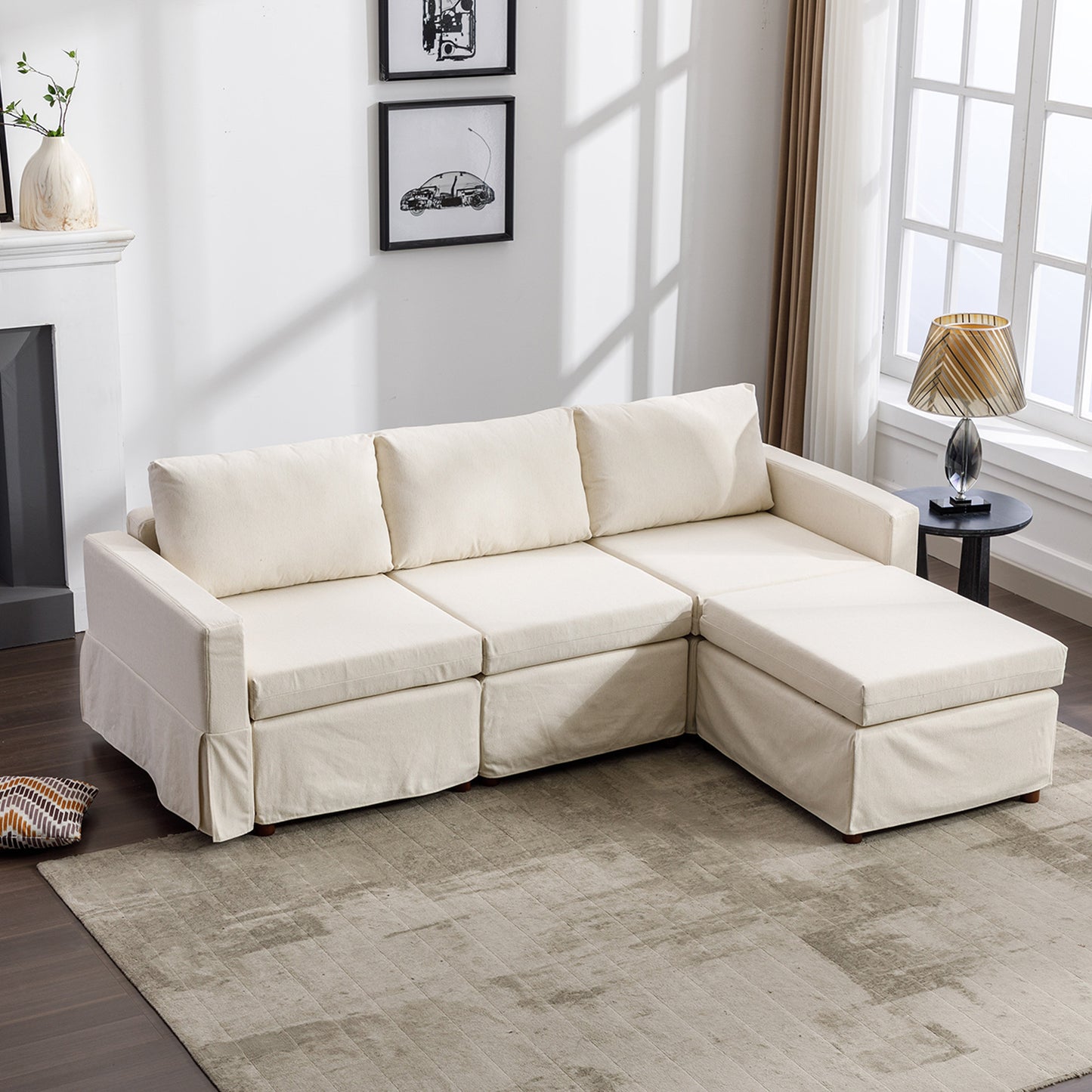 Cream Linen 3-Seat Modular Sectional Sofa Set with Ottoman