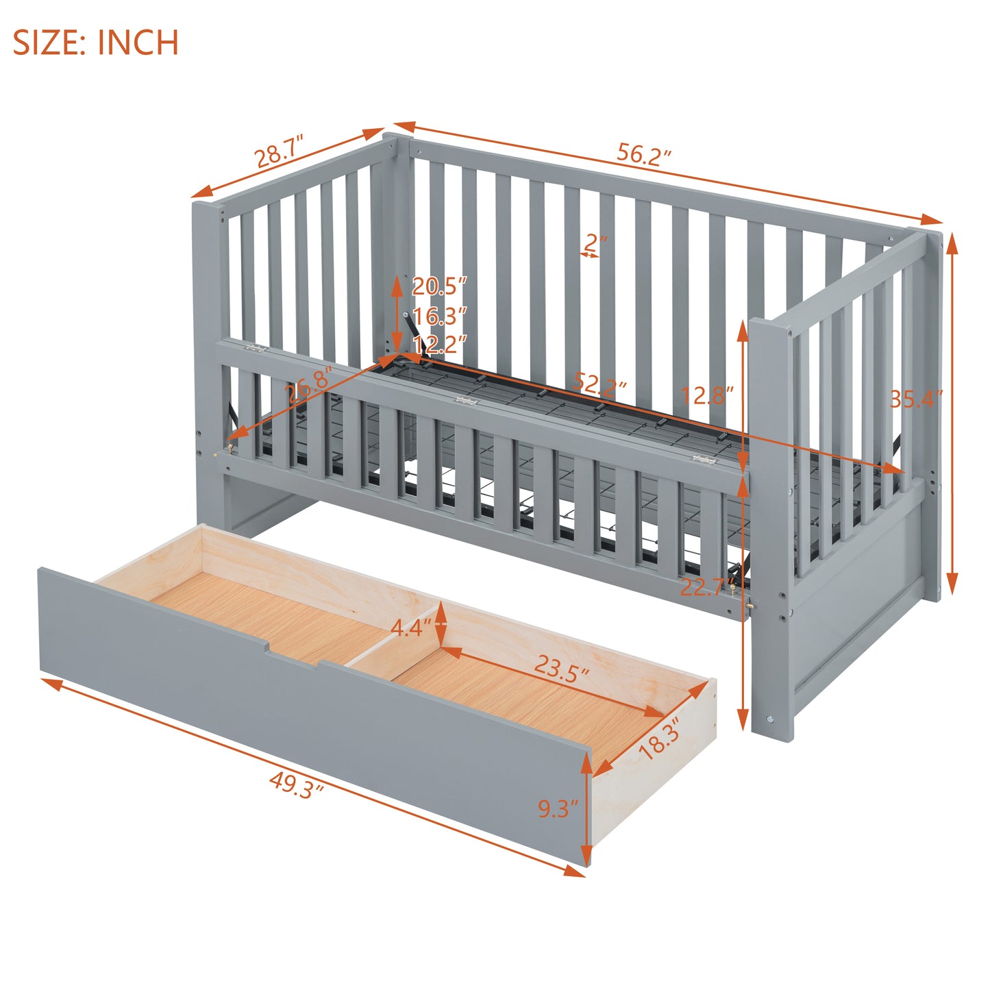 Crib with Drawers and 3 Height Options, Gray