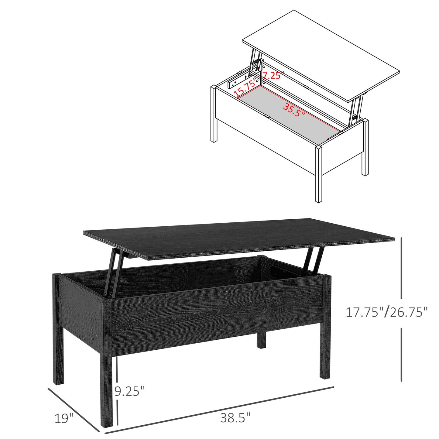 39" Modern Lift Top Coffee Table Desk With Hidden Storage Compartment for Living Room, Black Woodgrain