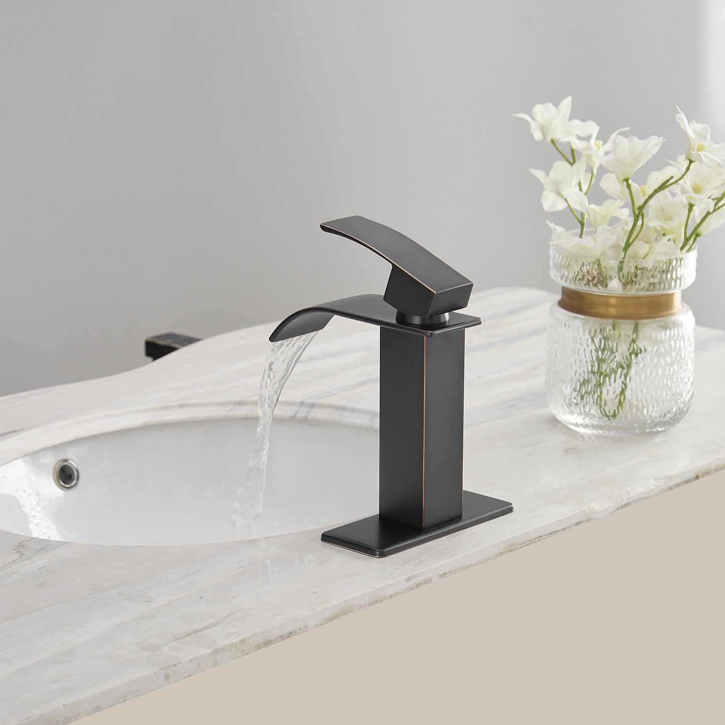 Bronze Waterfall Bathroom Faucet with Single Handle and Pop-up Drain