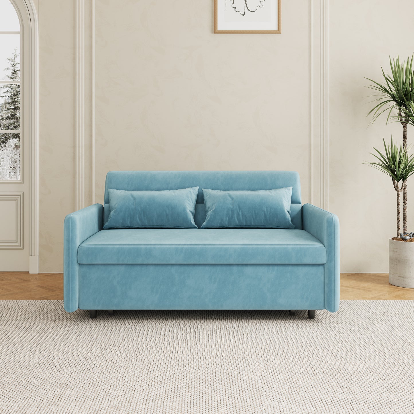 Sofa Pull Out Bed Included Two Pillows 54" Velvet Sofa for Small Spaces Teal