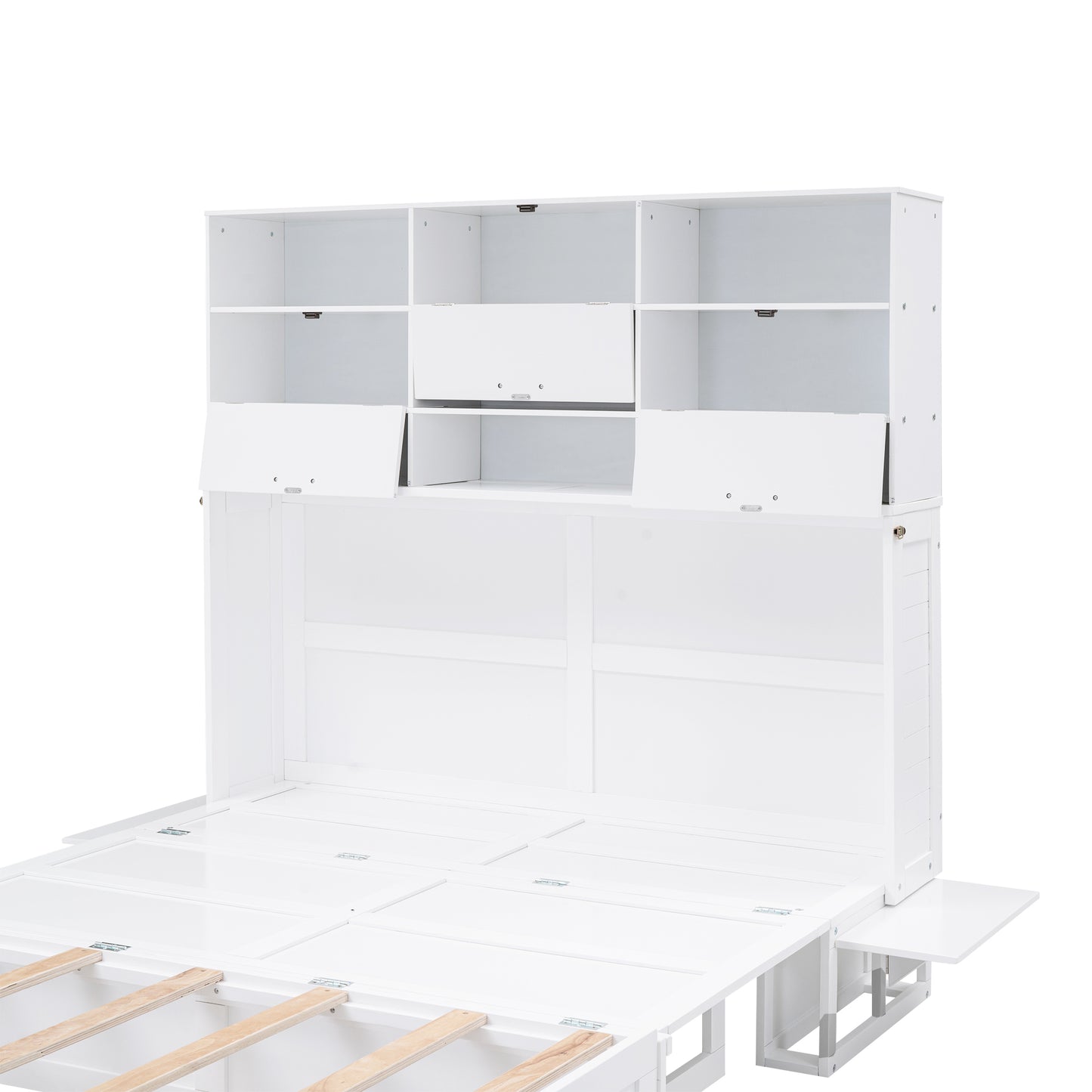 Queen Size Murphy Bed with Bookcase, Bedside Shelves and a Big Drawer, White