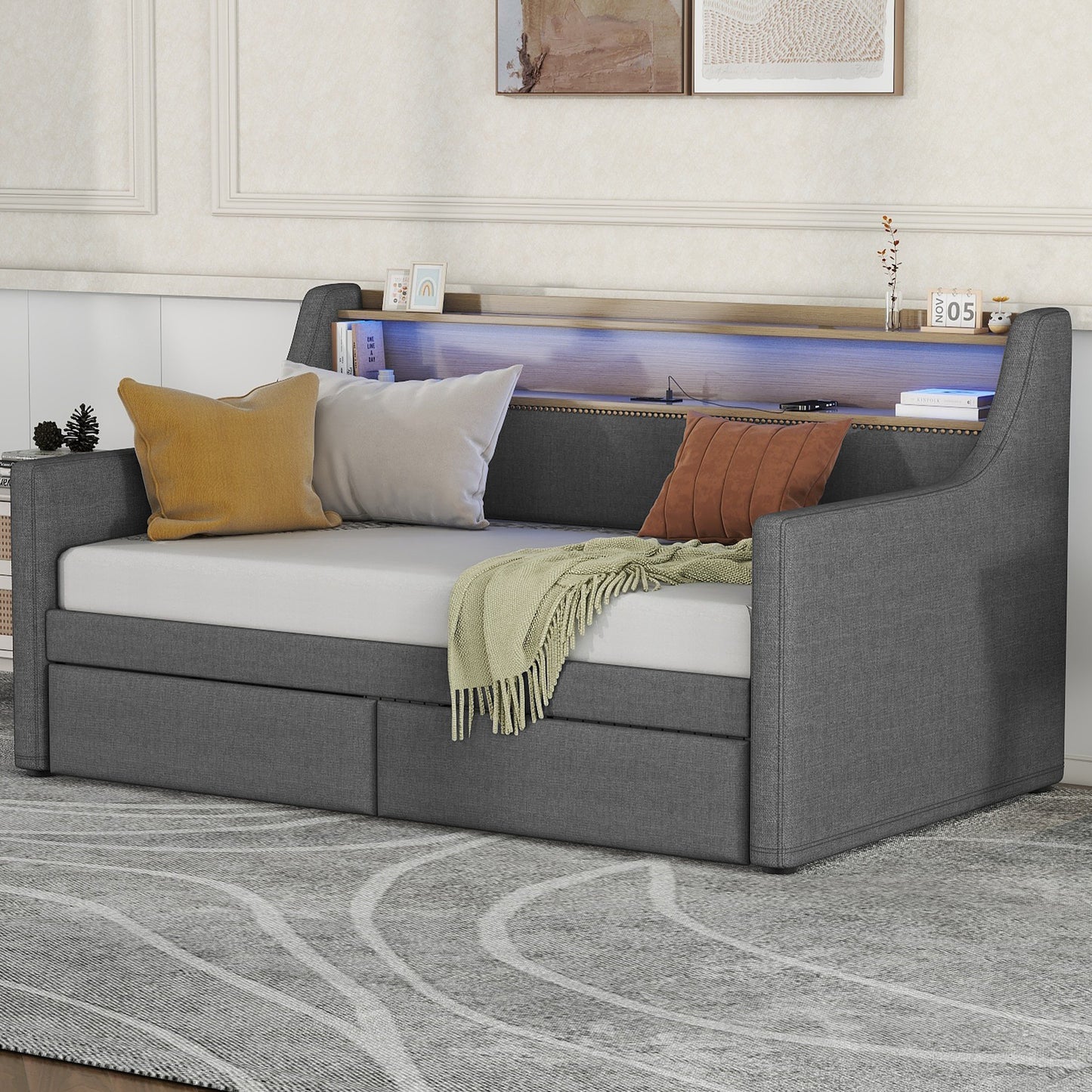 Twin Size Daybed with Storage Drawers, Upholstered Daybed with Charging Station and LED Lights, Gray (Expect arrive date: Jan 18th, 2024)