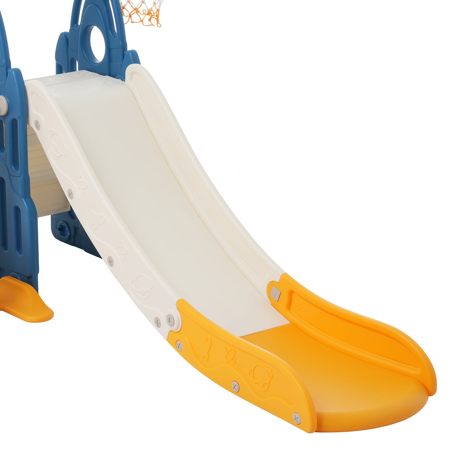 4-in-1 Toddler Playground Climber, Slide, Swing Set with Basketball Hoop